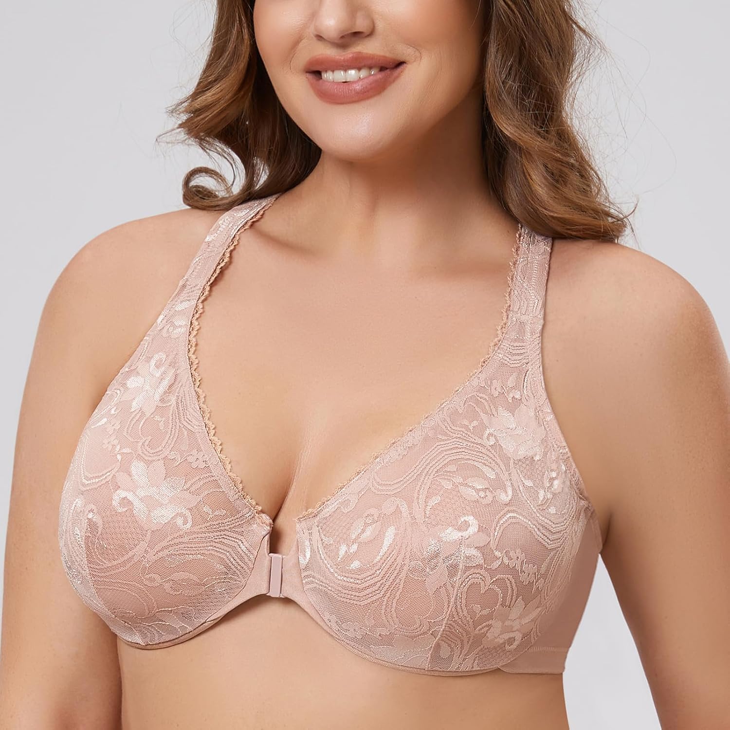 MELENECA Women's Plus Size Racerback Unlined Lace Underwire Front Closure Bra - Image 3