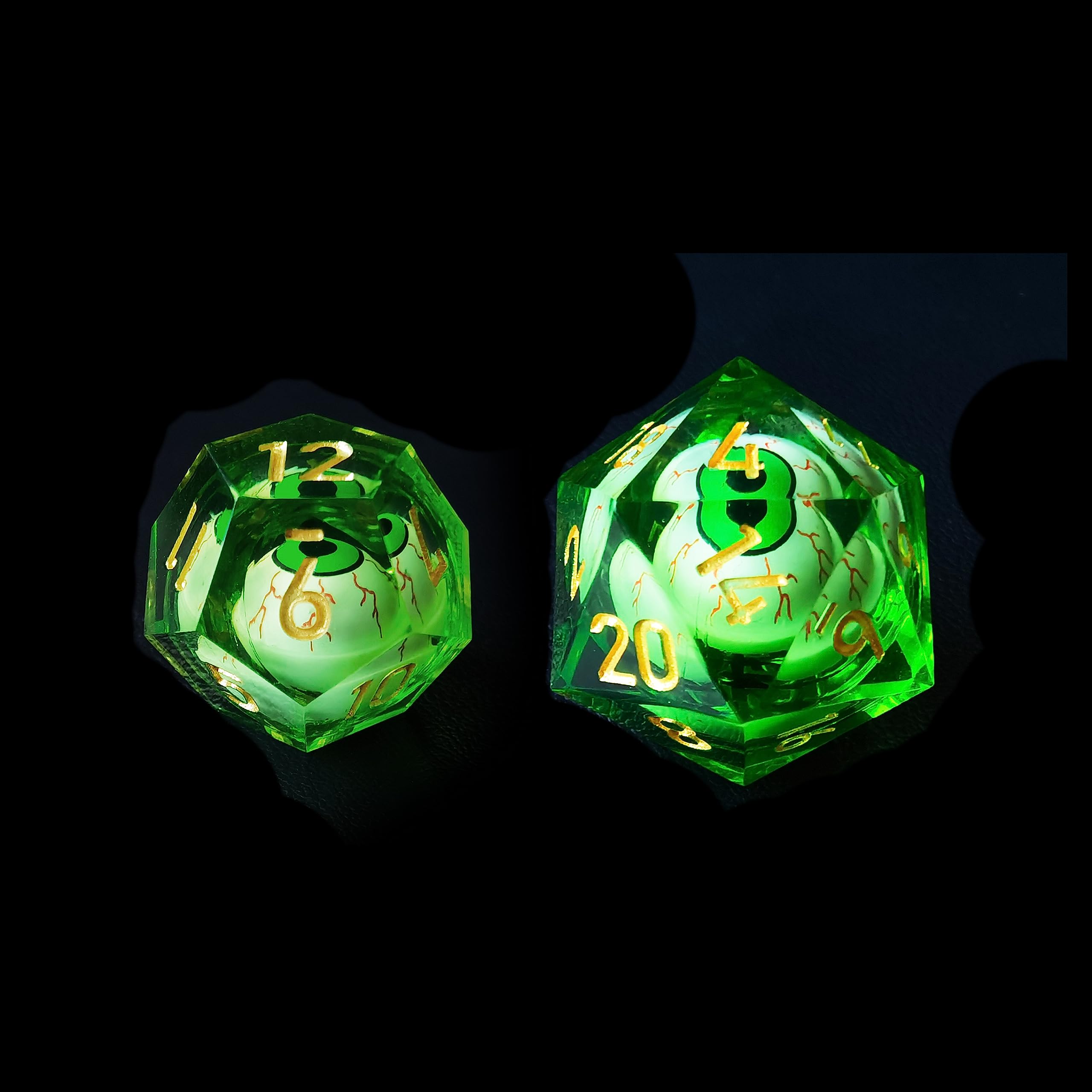 BESCON Sharp Edged Liquid Core Rolling Eyeball Polyhedral Dice Set – Razor Edge Polyhedral Dice with Rolling Eyeball Inside (7 szt. RPG Dice Set with Green Eye)