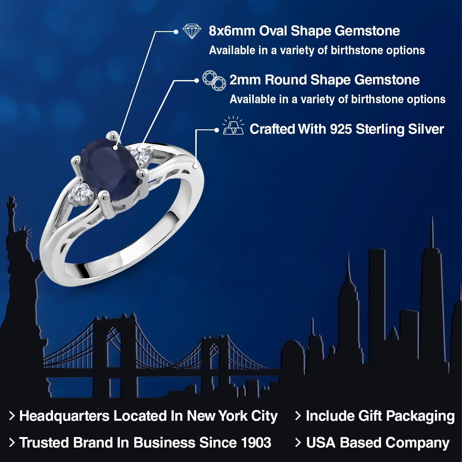 Gem Stone King 3-Stone Engagement Ring For Women | 925 Sterling Silver | Gemstone Birthstone and Diamond | Oval 8X6MM and Round 2MM | Three Stone Wedding Anniversary Promise Ring | Sizes 5-9