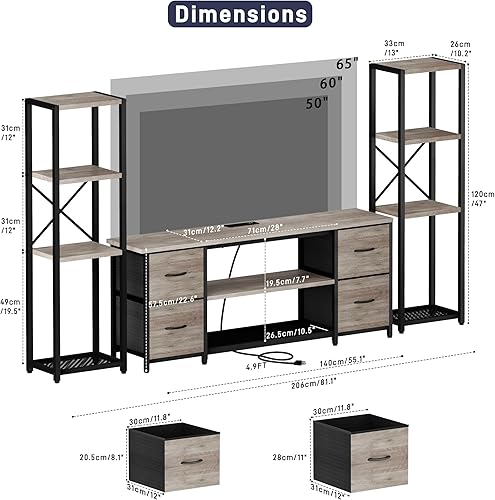 Miniatura 2 de Soporte de TV LED de 60 pulgadas para sala de estar con estación de carga, centro de entretenimiento con 2 estanterías industriales, gabinete