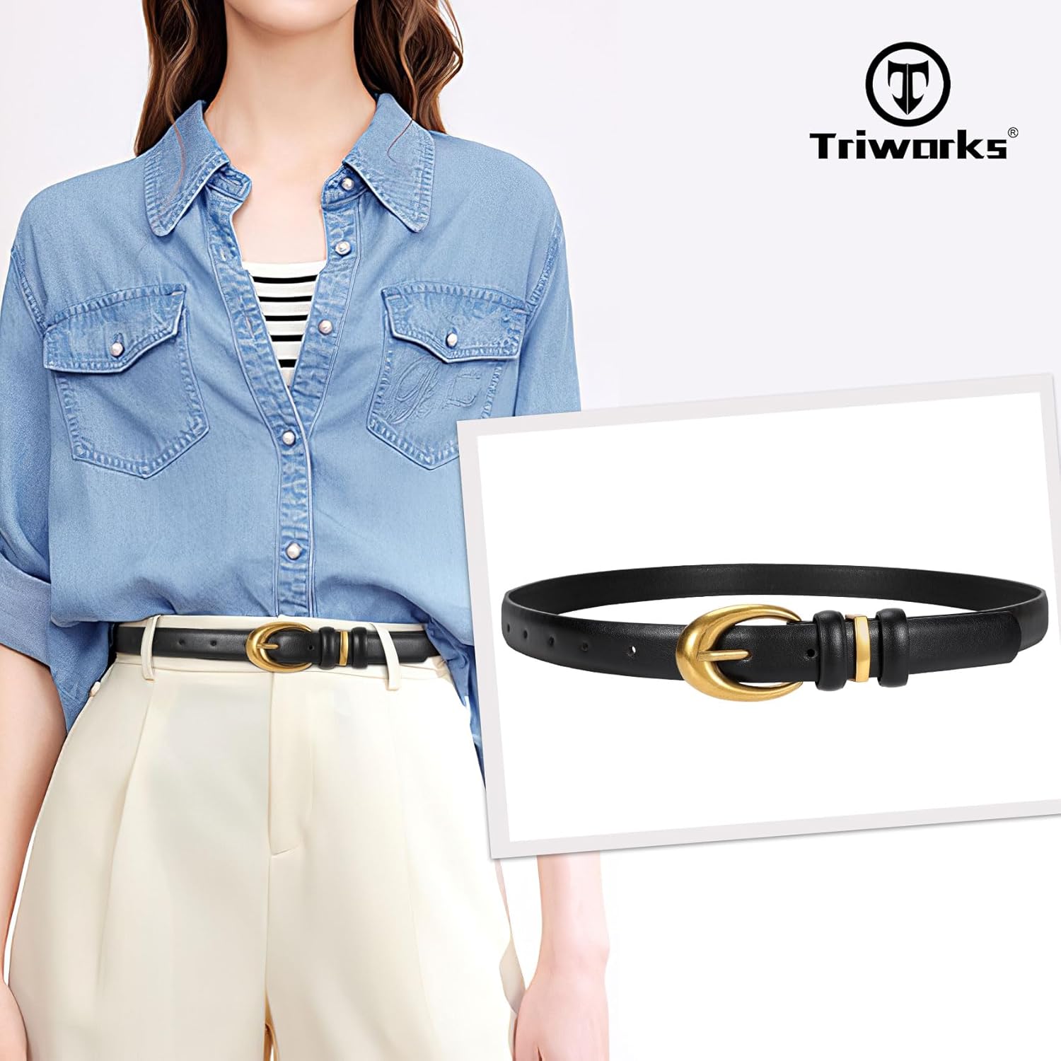 TRIWORKS 2 Pack Women Leather Belt for Jeans Pants Fashion Ladies Skinny Faux Leather Belt with Gold Buckle - Image 2