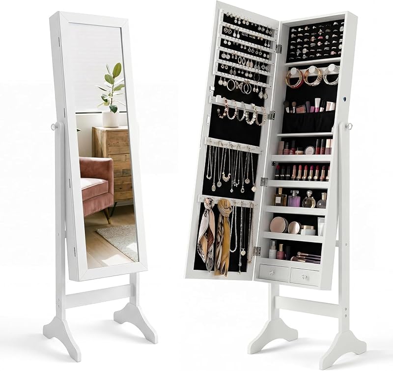Antok 61" Full Length Mirror Jewelry Cabinet with Lock, Standing Jewelry Organizer, Large Storage for Bedroom for Bedroom&Cloakroom&Dressing Room, Gift for Women, White