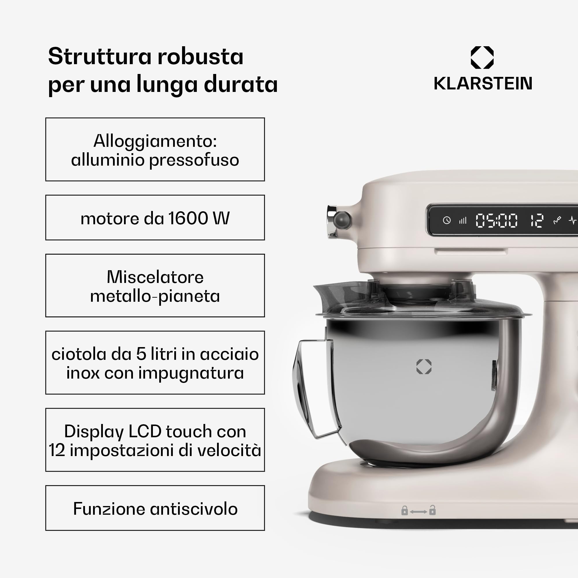 Klarstein Chiara - Robot da Cucina, 1600W–Ciotola da 5L in Acciaio Inox, 12 Velocità, Display LCD Touch, Silenzioso ≤72dB, Set Lavabile in Lavastoviglie, Alloggiamento in Alluminio Pressofuso, Sabbia