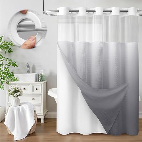 Miniatura 40 de Juego de cortina de ducha y forro sin gancho, cortina de ducha blanca de punto gofre con forro de 75 pulgadas de largo x 72 pulgadas de ancho Blanco