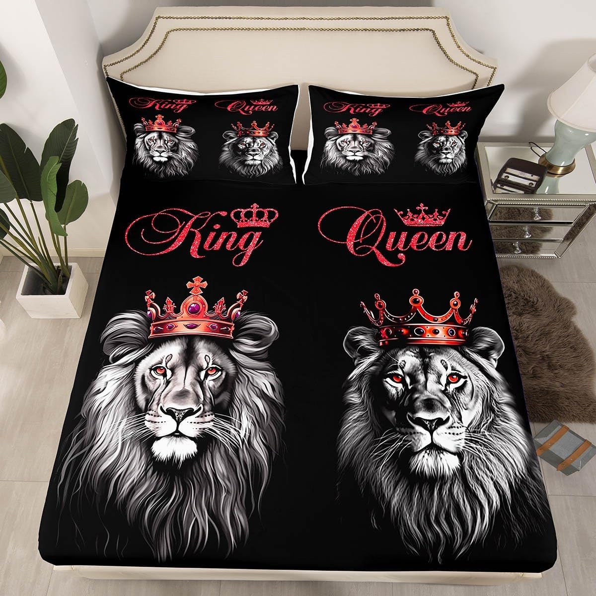 Wild Lion Couple Fitted Sheet Twin Size,King and Queen Red Crown Glitter Mattress Protector with 1 Pillowcase,African Western Animal Cool Black Elastic Deep Pocket Bed Cover,No Flat Sheet