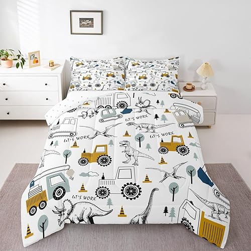 Miniatura 4 de Feelyou Juego de edredón de construcción, tamaño individual, para niños, con dibujos animados, excavadora, tractor, equipo de edredón, camiones,