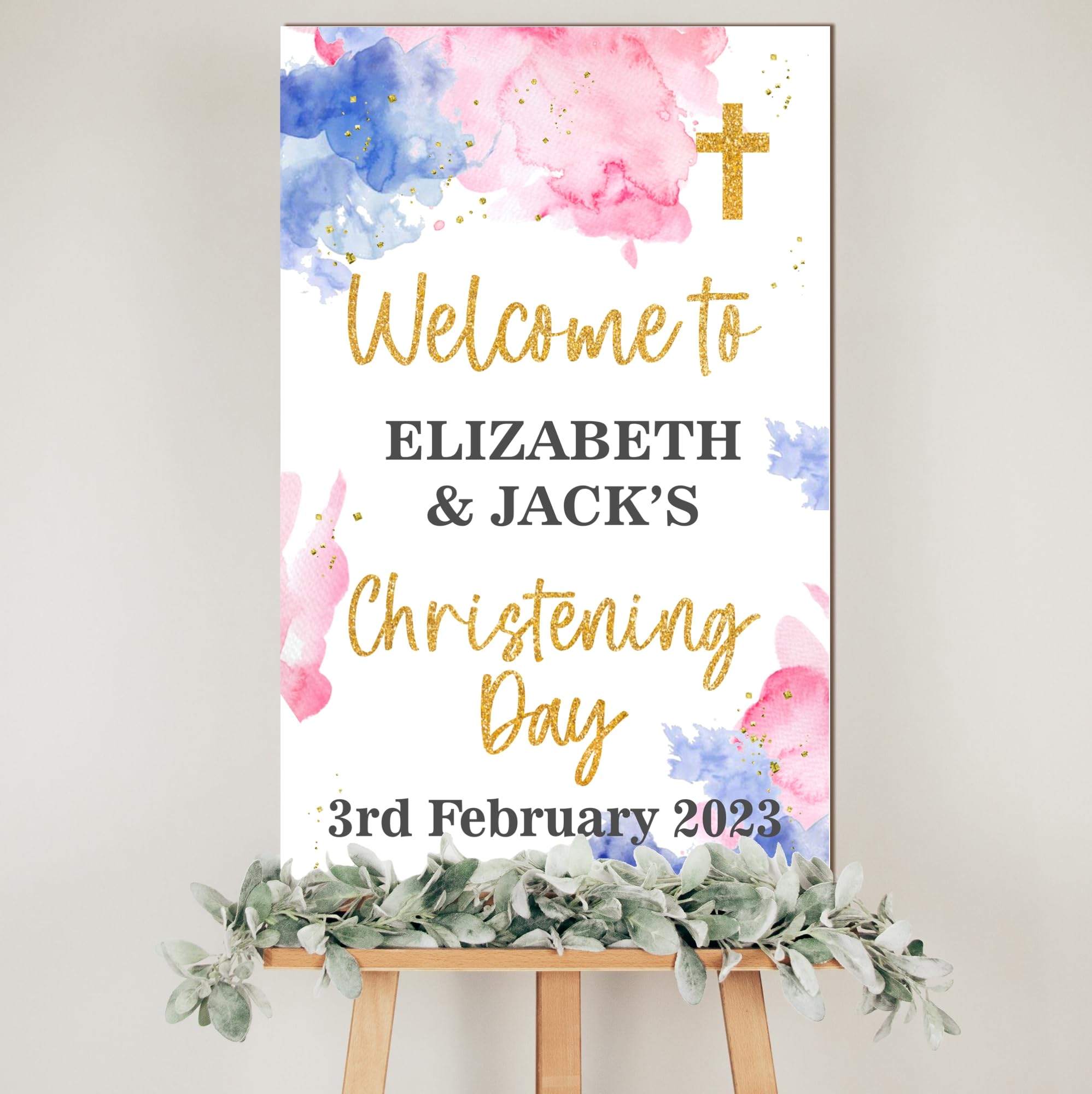 Personalised Wooden Watercolour Christening Board โ 9 Colour Options, Custom Name & Date for Holy Communion or Confirmation Day (Blue & Pink, Christening)