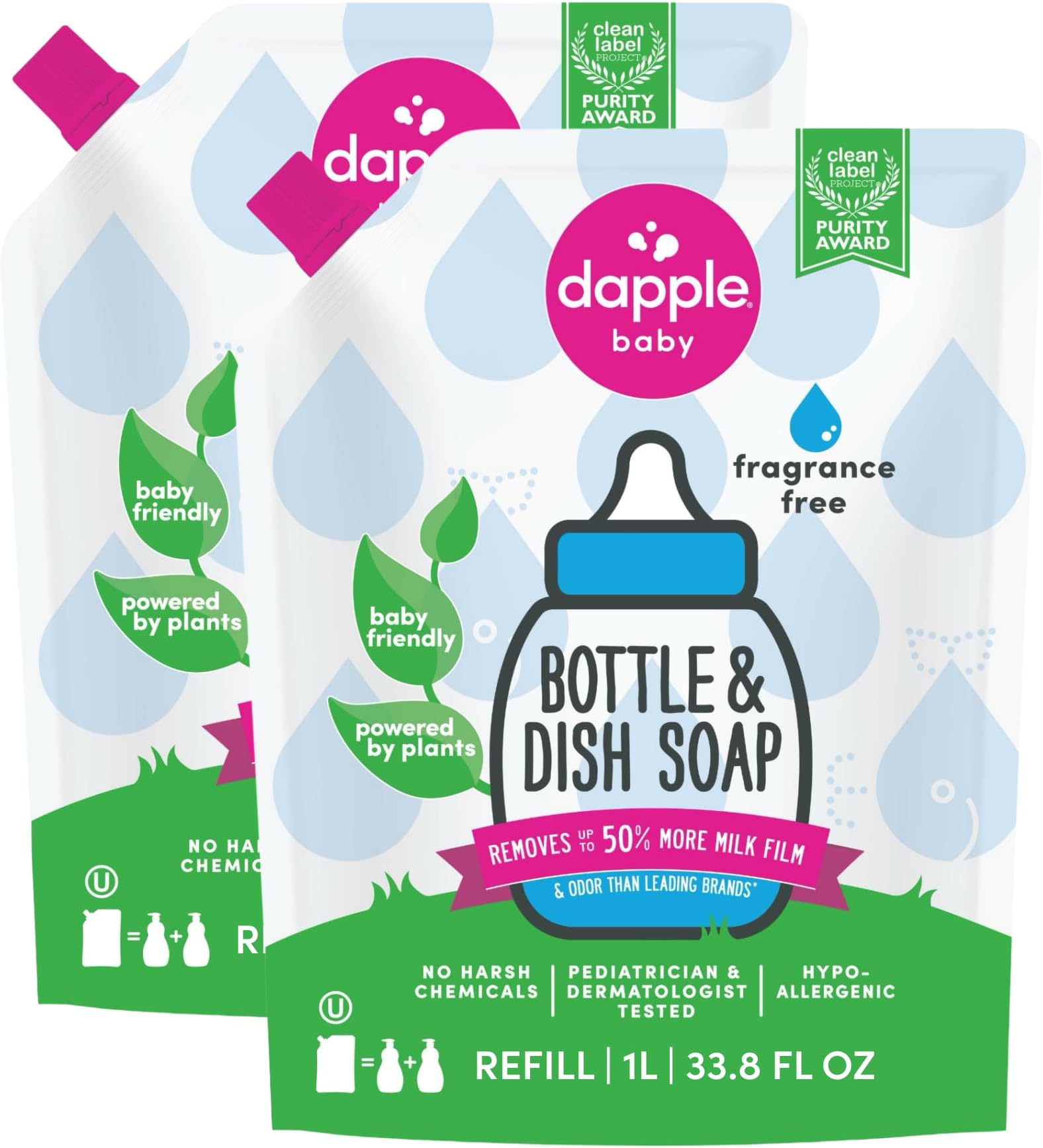 Dapple Baby Bottle Soap, Hypoallergenic Dish Soap for Baby Bottles, Powered by Plants, Fragrance Free, 34 Fl Oz (Pack of 2)