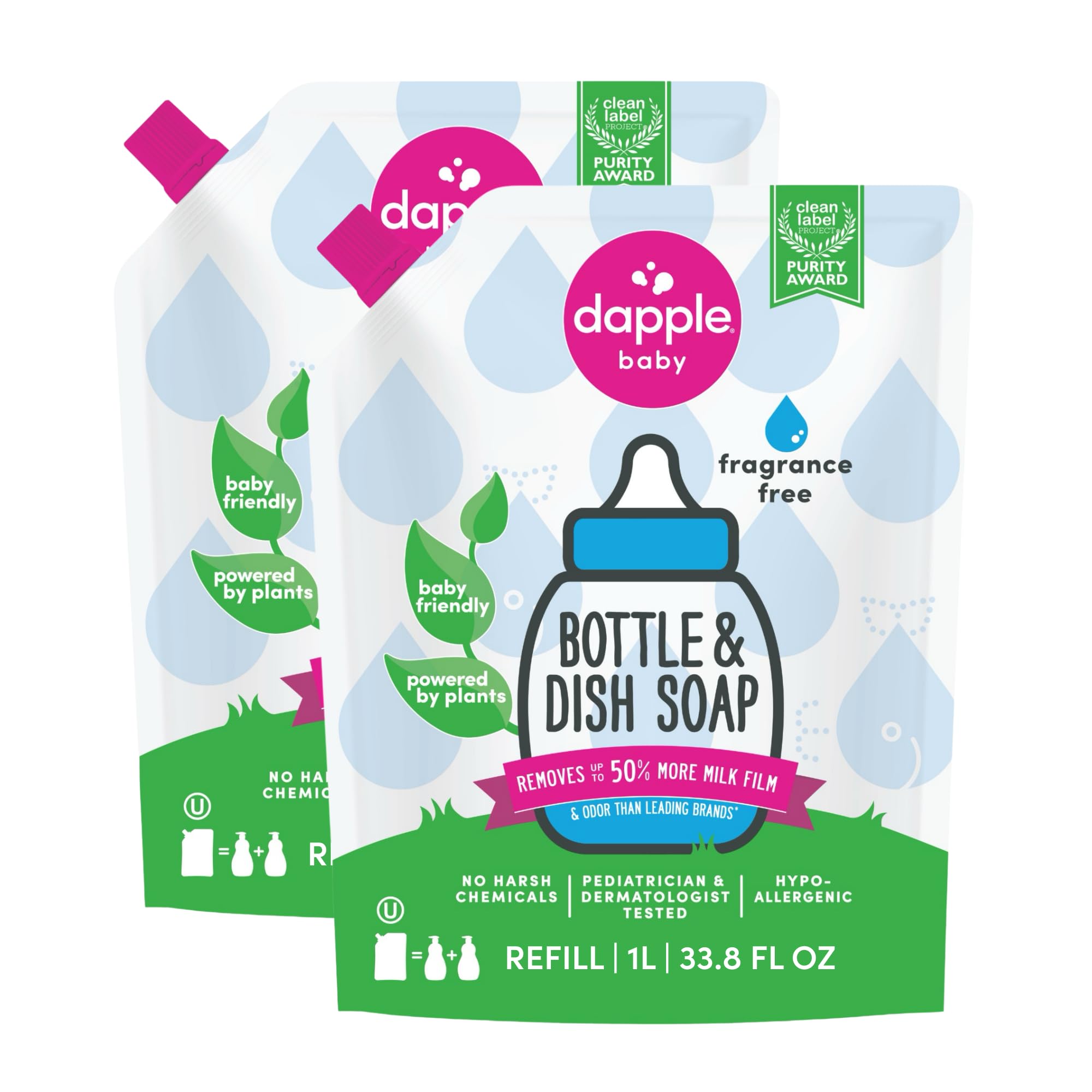 DAPPLE Baby Bottle and Dish Liquid Refill, Fragrance Free Liquid Soap, Baby Dish Soap, Baby Dish Liquid, Bottle and Dish Liquid Cleaner, Plant-Based Formula, 34 Fluid Ounces (Pack of 2) Fragrance Free 1 l (Pack of 2)