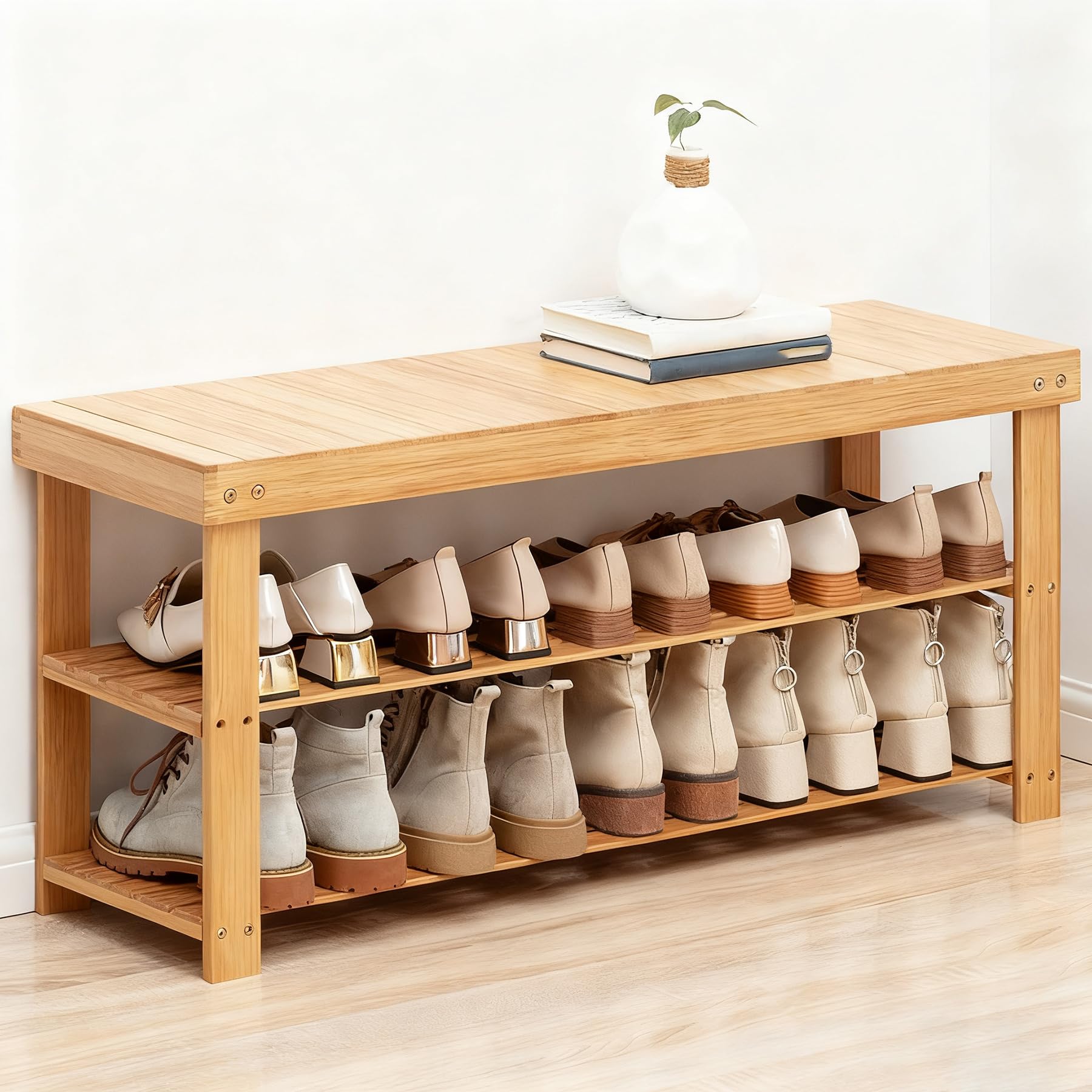 Taburete moderno de bambú resistente de 2 niveles para interiores y mesa de asiento de entrada, banco de 82 cm de largo para pasillos y balcón, madera natural de 69 x 25 x 44 cm