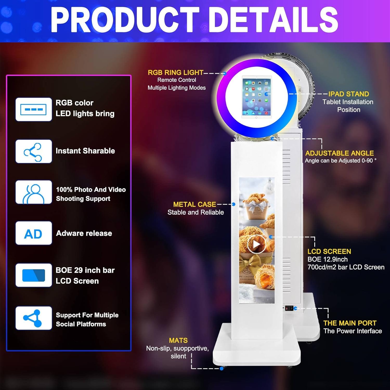 Photo Booth for iPad 10.2" 10.9'' 11'' 12.9'' Shell Stand LCD Screen Selfie Machine Metal Adjustable Stand Photobooth Machine with RGB Ring Light and Flight Case for Events Wedding Christmas