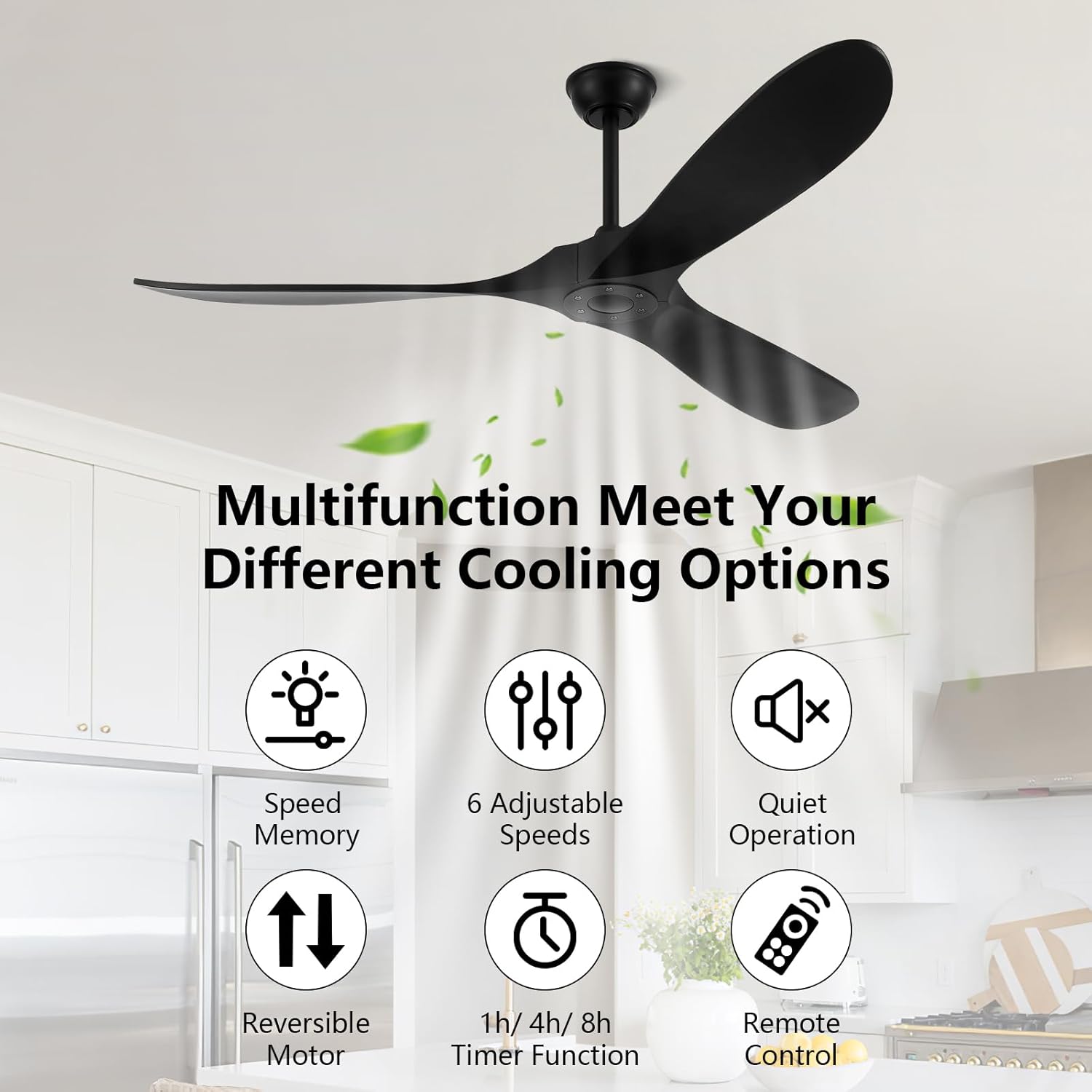 52'' Outdoor Ceiling Fan without Light,Large Airflow with 3 Solid Wood Blades,Black Ceiling Fan with DC Reversible and Silent Motor for Porch,Living Room,Garage.