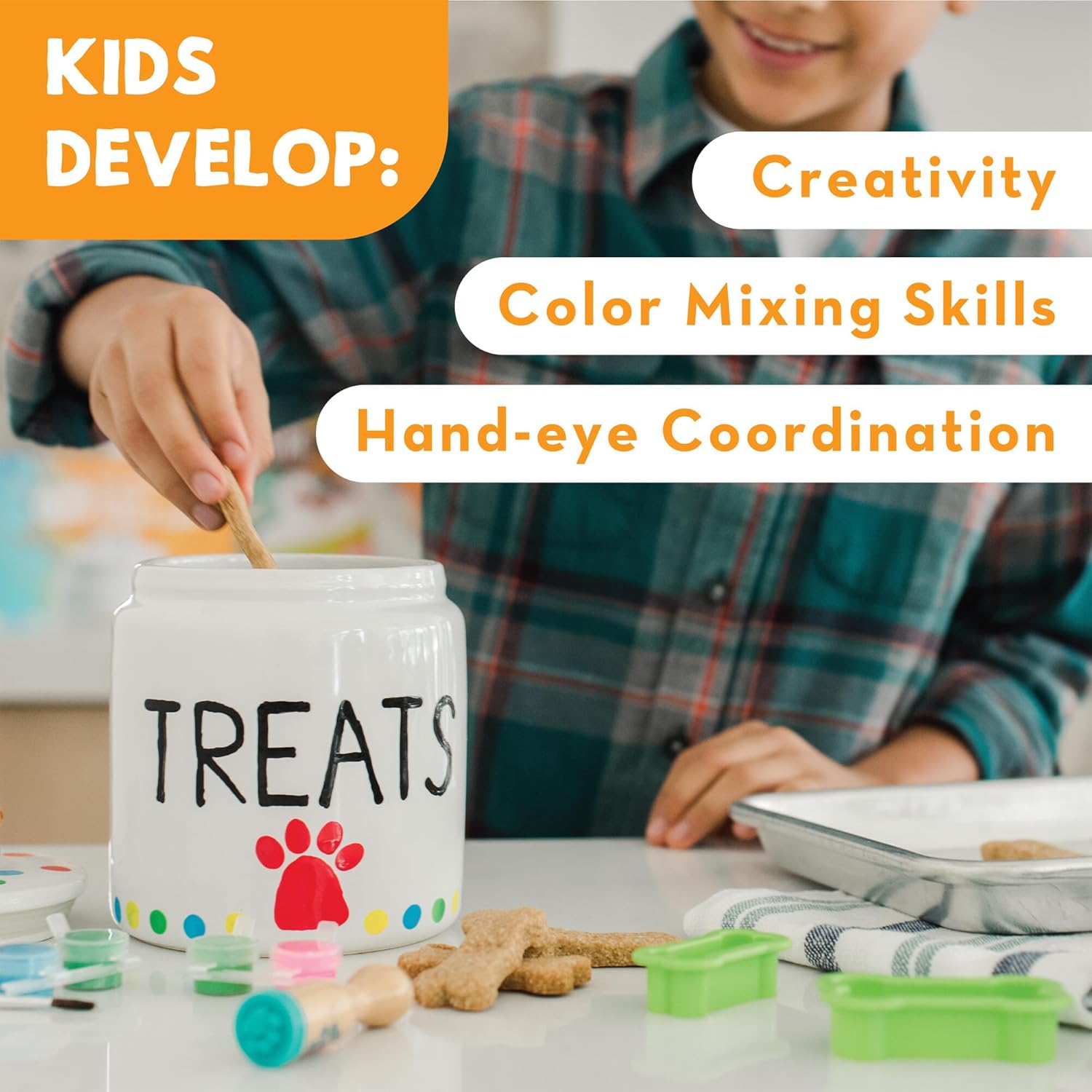 MindWare Paint Your Own Porcelain: Dog Treat Jar Craft Kit - Includes Porcelain Dog Treat jar, 12 Bright Colors of Porcelain Paint, 2 paintbrushes and Painting Guide