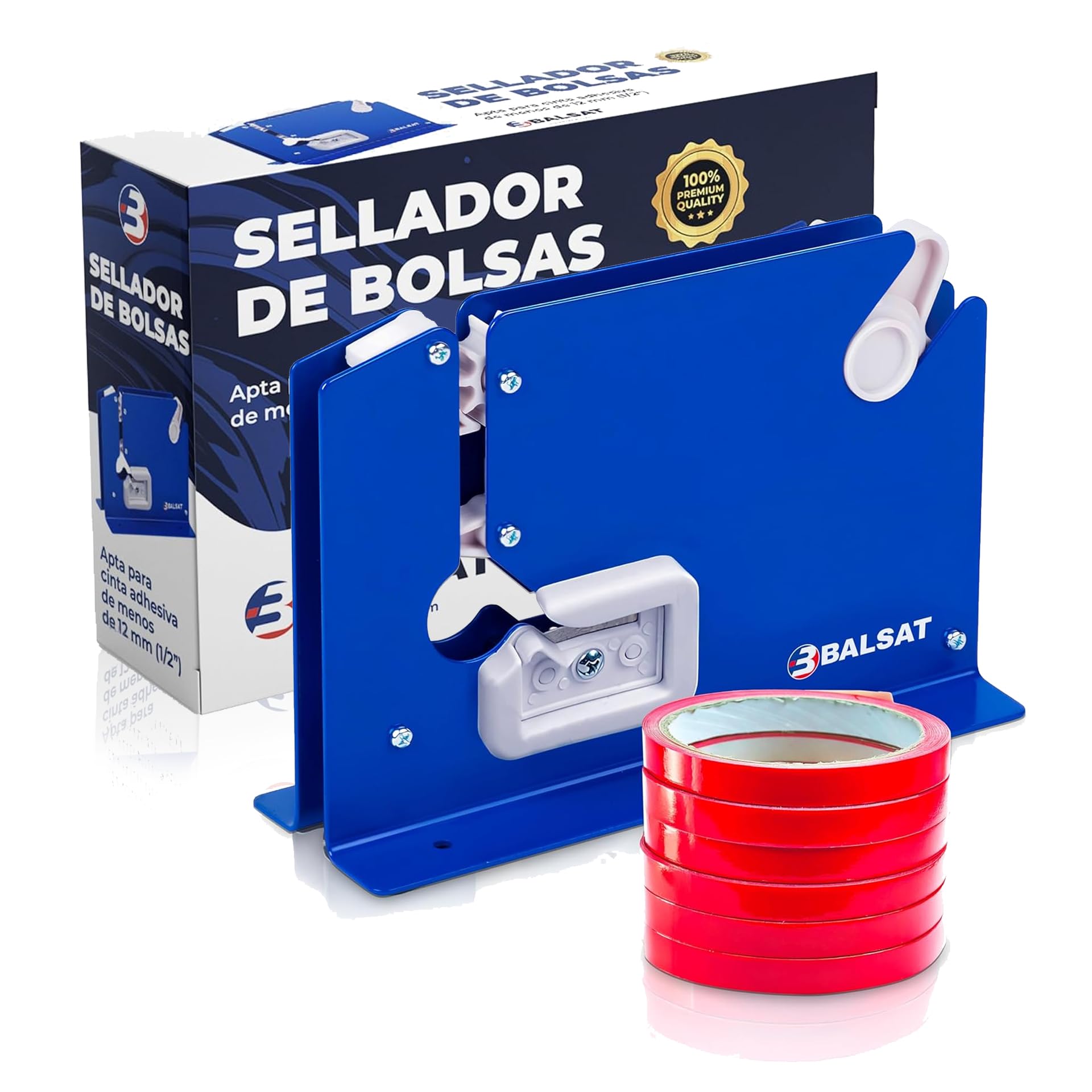 BALSAT Máquina Cierra Bolsas Precintadora de Bolsa Azul Lacada + 6 Rollos Rojos | Sellador de Bolsas de Plástico Manual | Compatible con Cintas Adhesivas de 12 mm an | Metálica, Robusta y Precisa