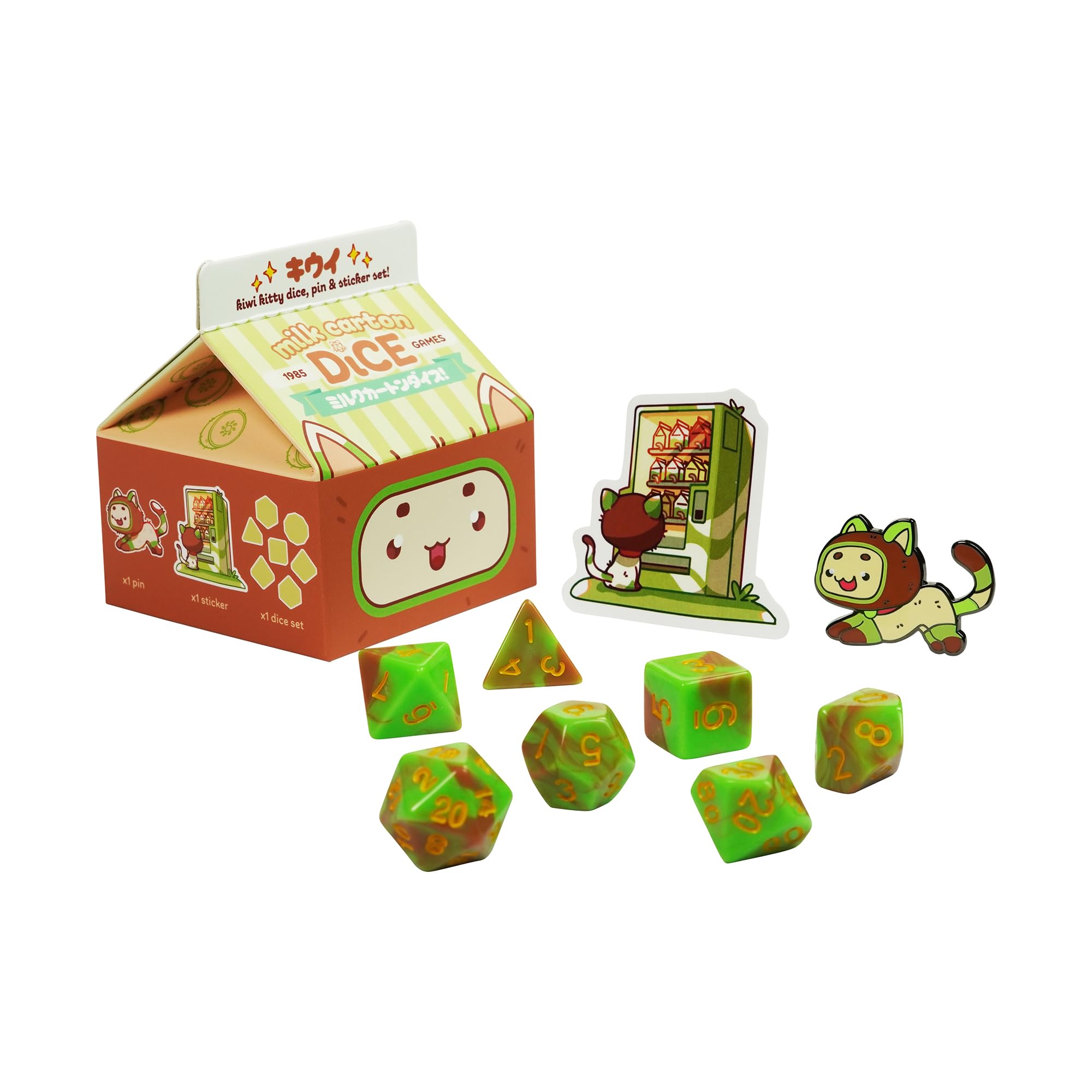 1985 Games Kiwi Cat D&D Dice Set, RPG Gaming Dice for Tabletop Games