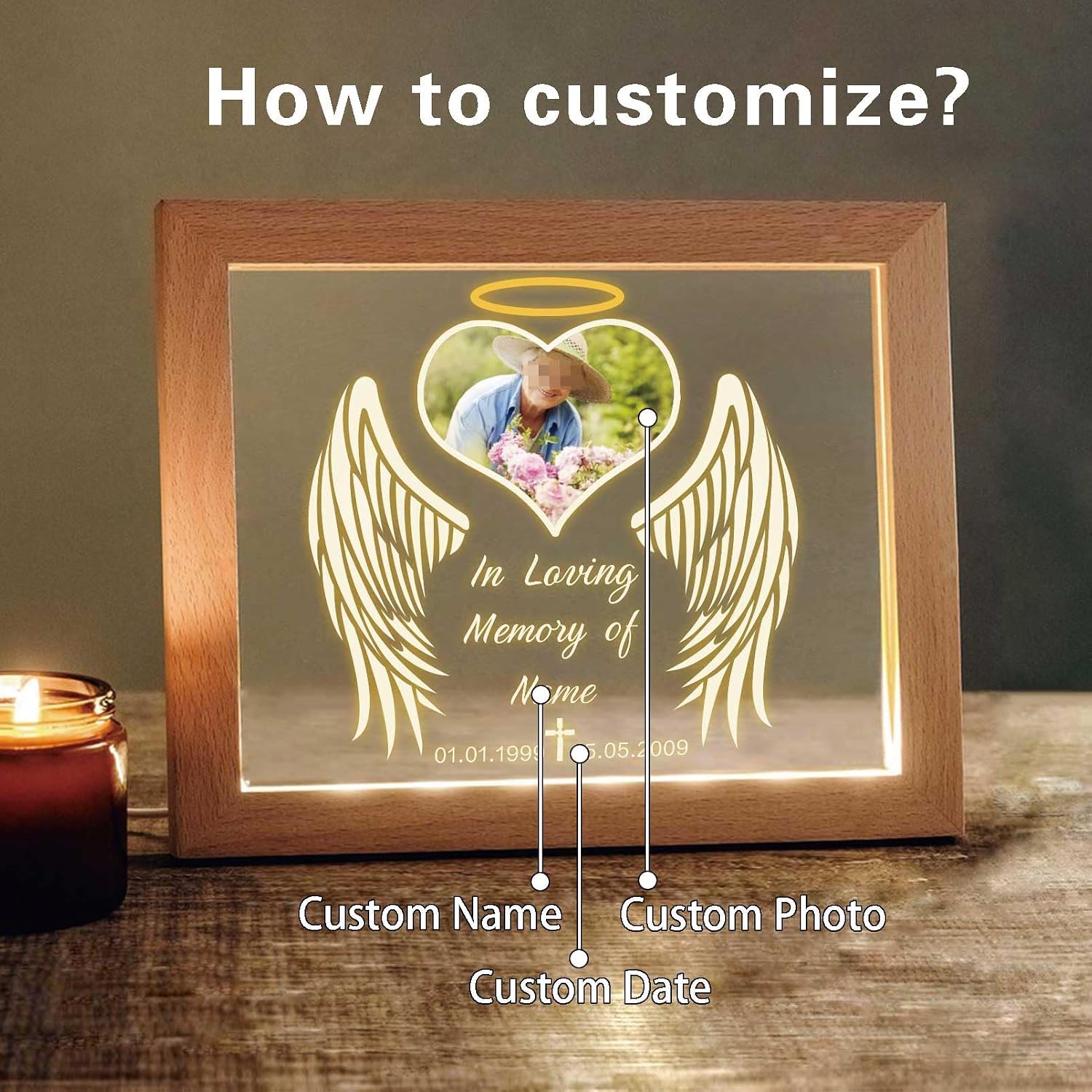Personalized Night Light Customized Memorial Gift with Picture Name Light Up Acrylic Plaque Led Lamp Sympathy Remembrance Gift(H-Heart Wing)