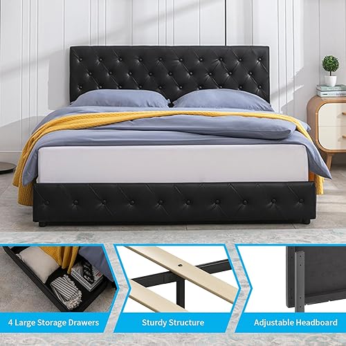 Miniatura 3 de Mjkone Base de cama tapizada de plataforma King con 4 cajones de almacenamiento, marco de cama moderno de piel sintética con cabecera ajustable,