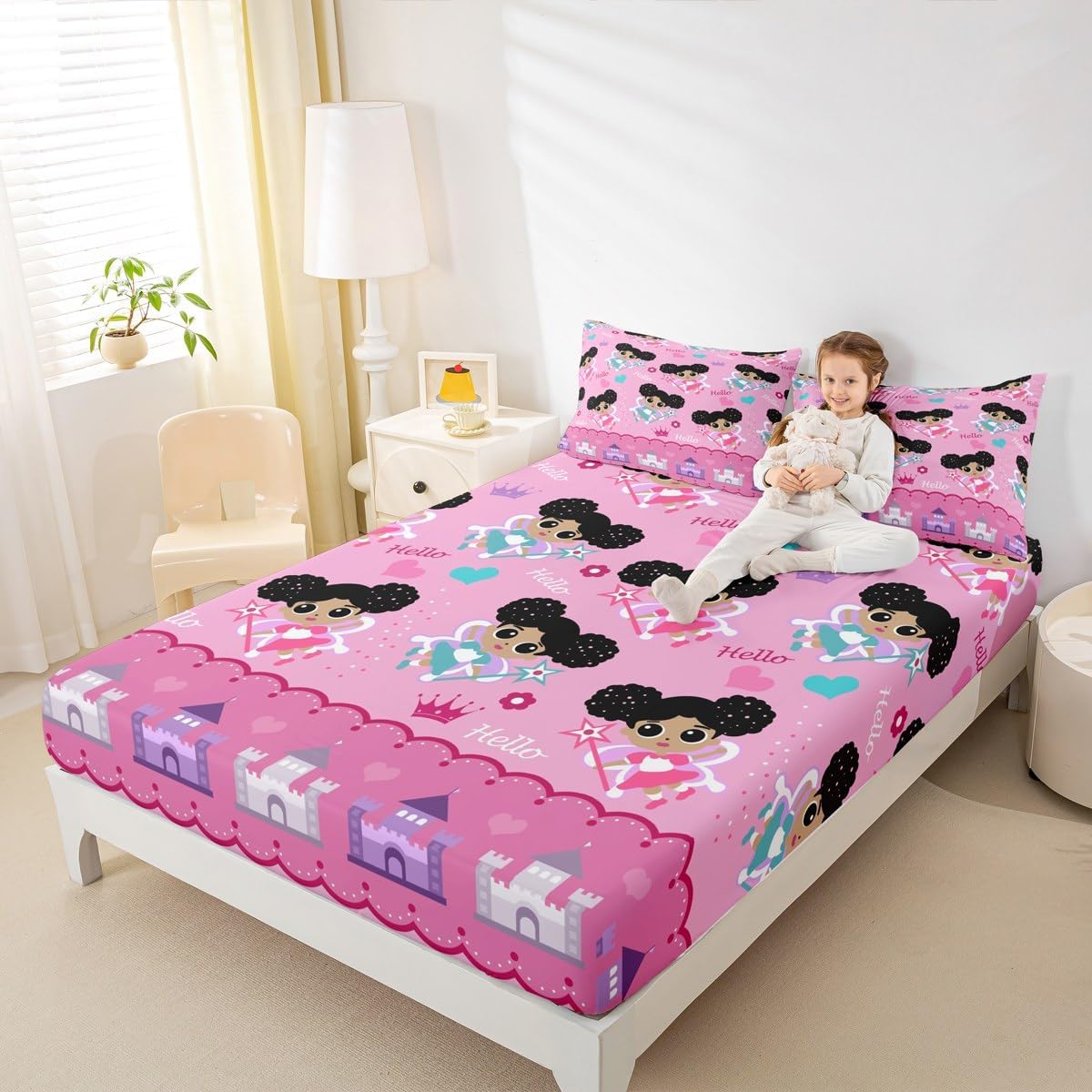 Kids Magical Princess Fitted Sheet Queen,Princess Fairy Tales Castle Bed Sheets 3 Pieces(No Flat Sheet),Magical Girls Bedding Set for Kids Adults,Watercolor Love Hearts Deep Pocket Sheet Room Decor