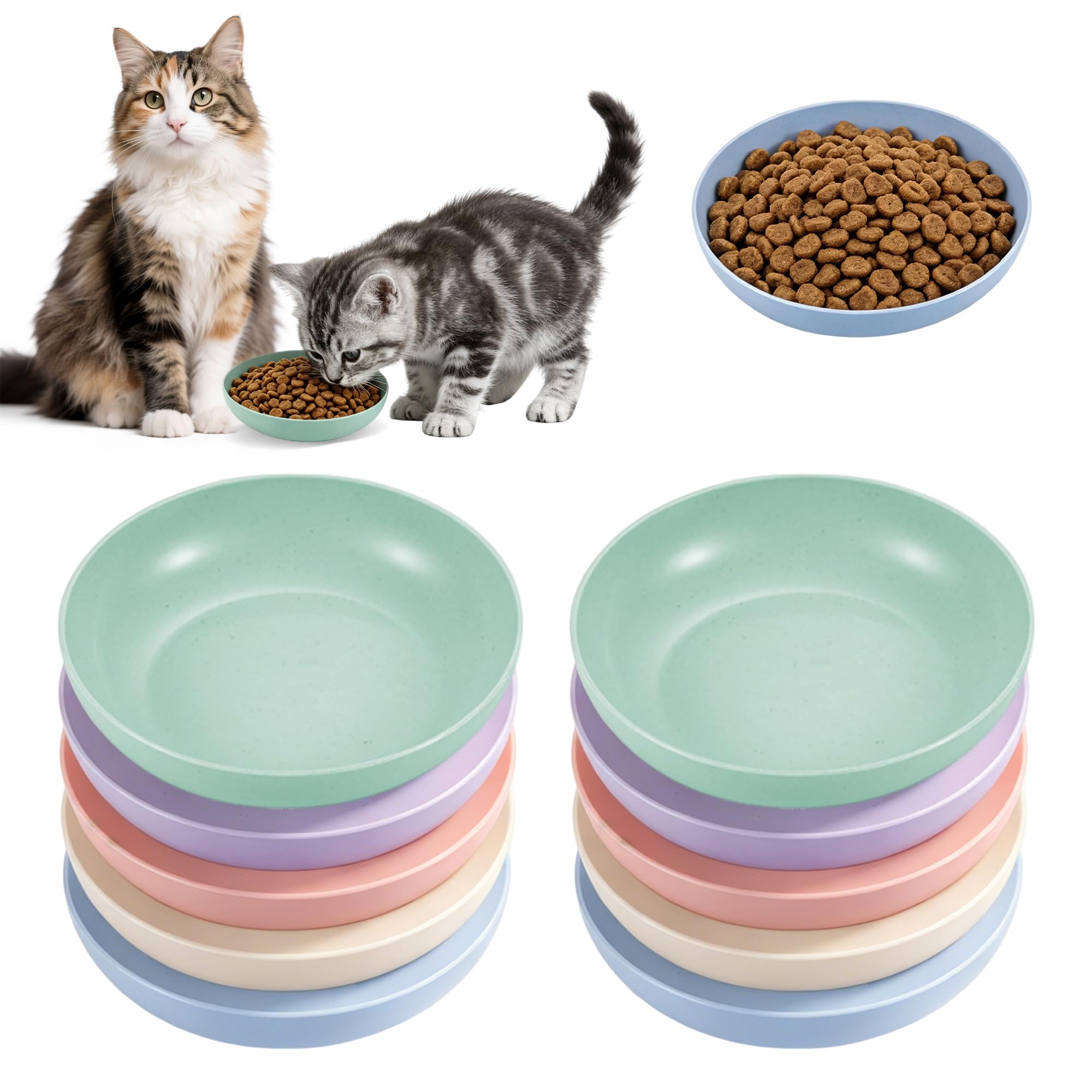 10 Pack Cat Food Bowl, 14.5cm Shallow Whisker Fatigue Cat Bowls for Indoor Outdoor cats, Durable Colorful Wide Cat Feeding Dishes for Wet or Dry Food and Water, Easy to Clean