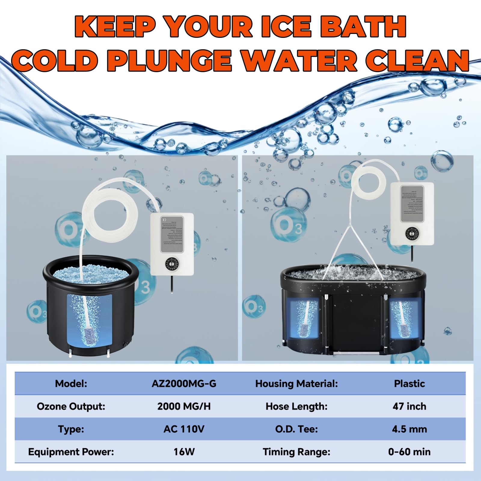 Generatore di ozono per vasca ad immersione fredda, generatore di ozono da 2000 mg/h, per mantenere il bagno di ghiaccio o la vasca idromassaggio pulita, accessori per filtro a immersione