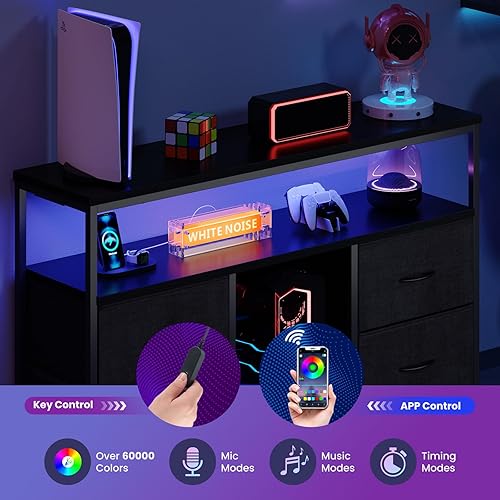 Miniatura 4 de Sweetcrispy Cómoda Mueble de TV para dormitorio, centro de entretenimiento con 4 cajones, con luces LED y tomas de corriente, consola multimedia