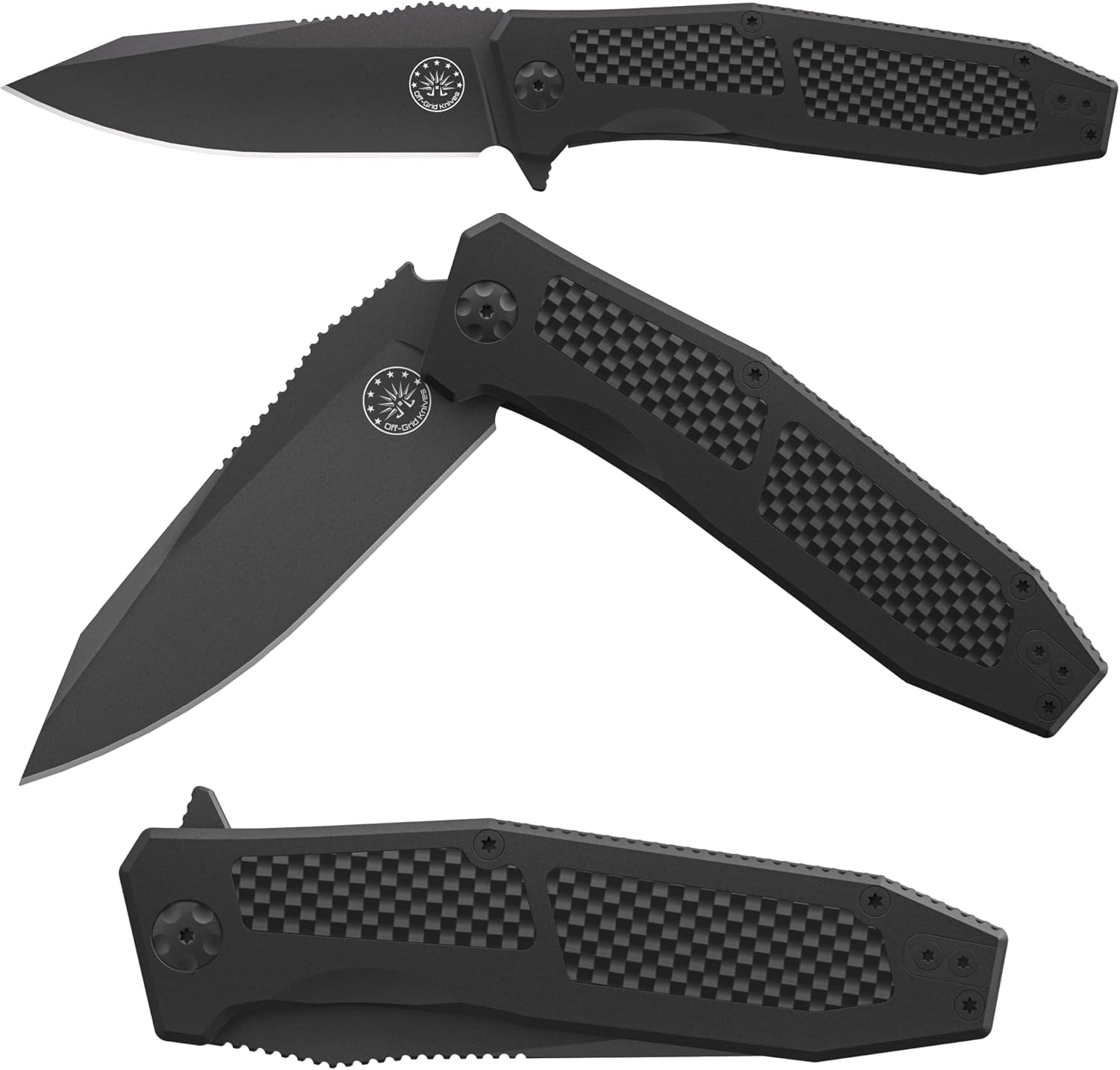 Off-Grid Knives - SCORPION V3, Large EDC Knife with Premium MagnaCut Blade Steel, Titanium Scales, Carbon Fiber Inlays, Manual Ball Bearing Flipper, Four Finger Grip, Deep Pocket Carry (Blackout)