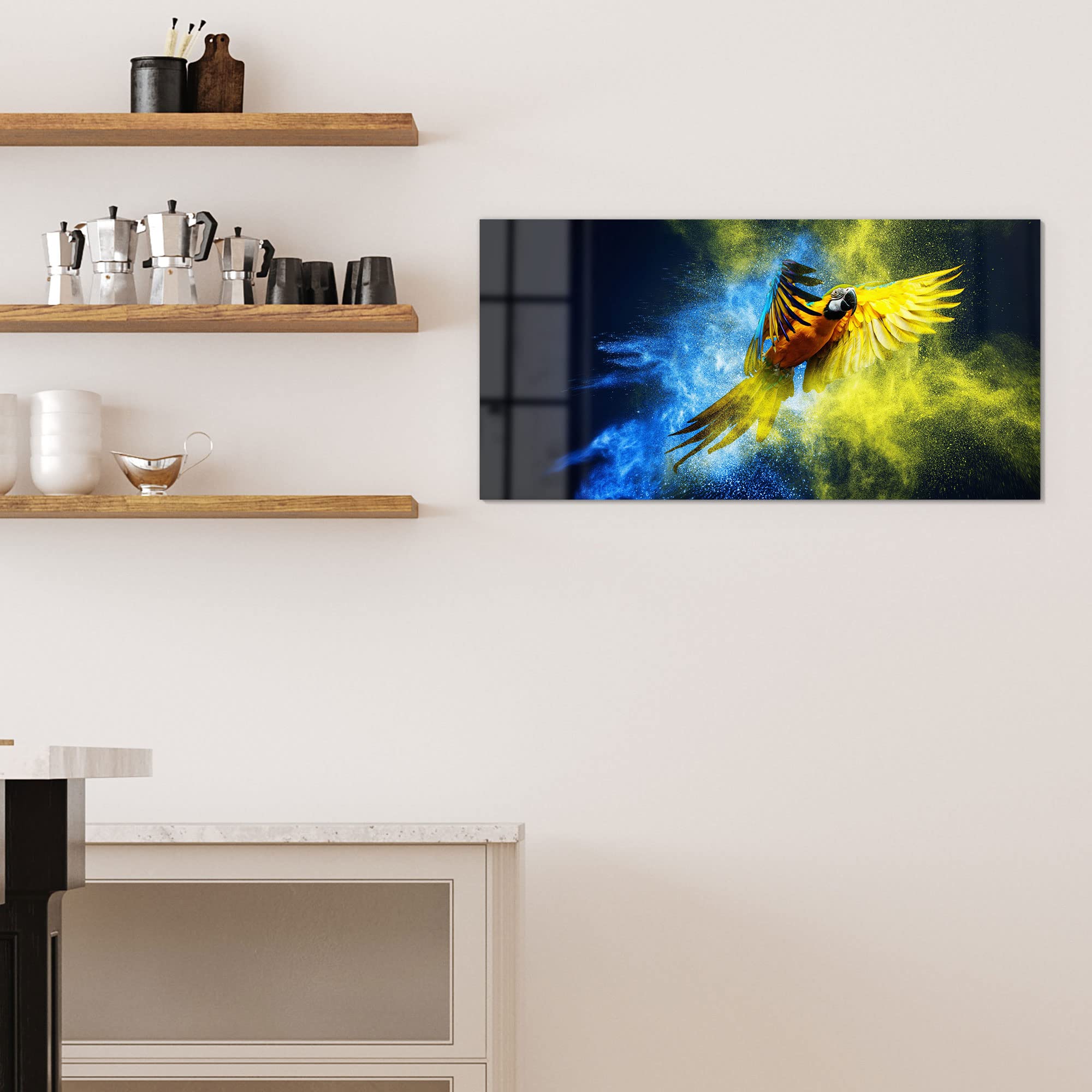 DEQORI Glas-Magnettafel | 100x50 cm groß | Motiv Papagei in Farbwolke | Memo-Board aus Glas | Magnetboard inkl. Magnete, Stift & Tuch für Küche & Büro | Tafel magnetisch & beschreibbar