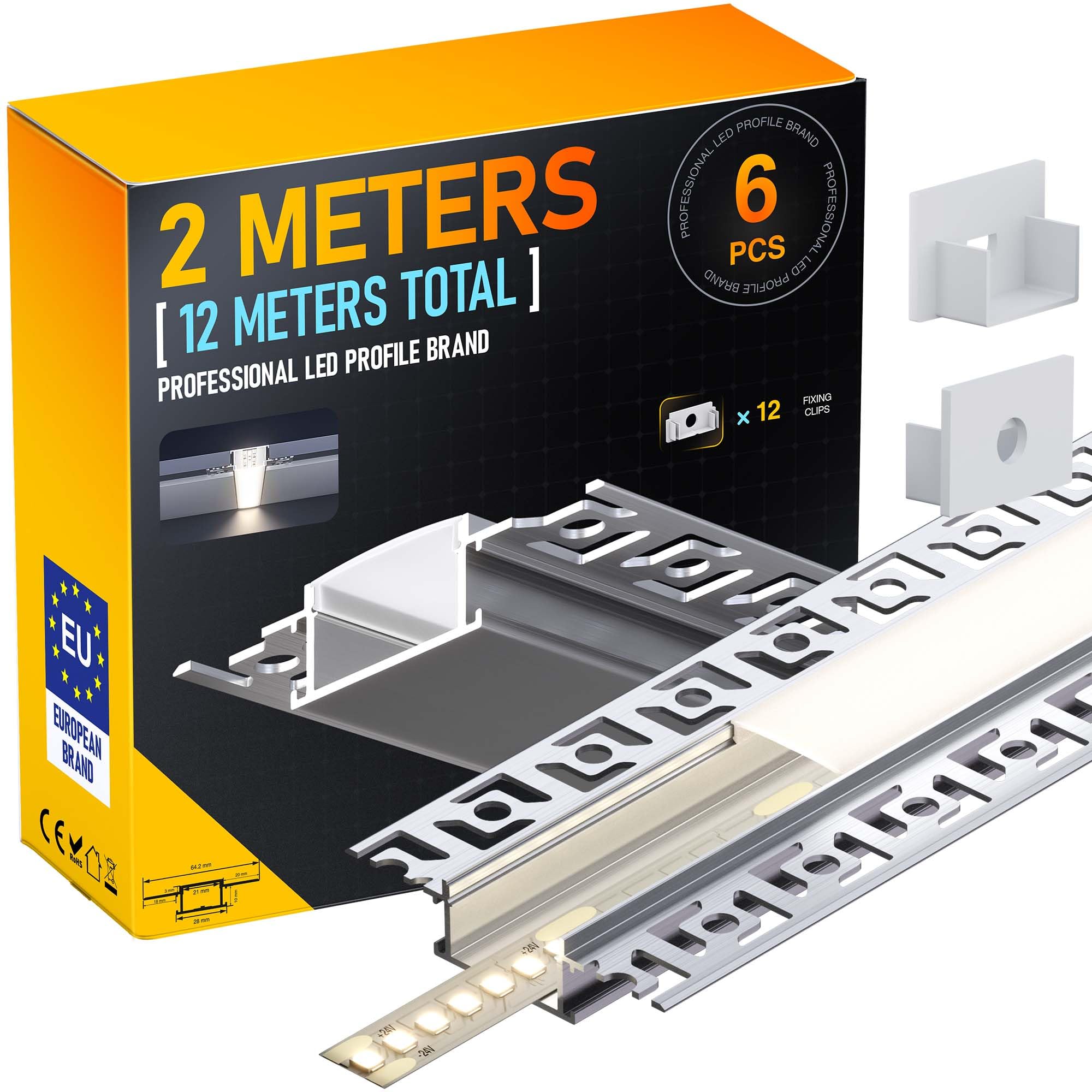 6 x Profilo Alluminio per Strisce Led 2m (12m) Profilo Led Cartongesso Canalina per Striscia Led, Strips up to 20 mm Wide o due barra led, con Copertura PC Traslucida, 2000 x 64,2 x 13,8 mm