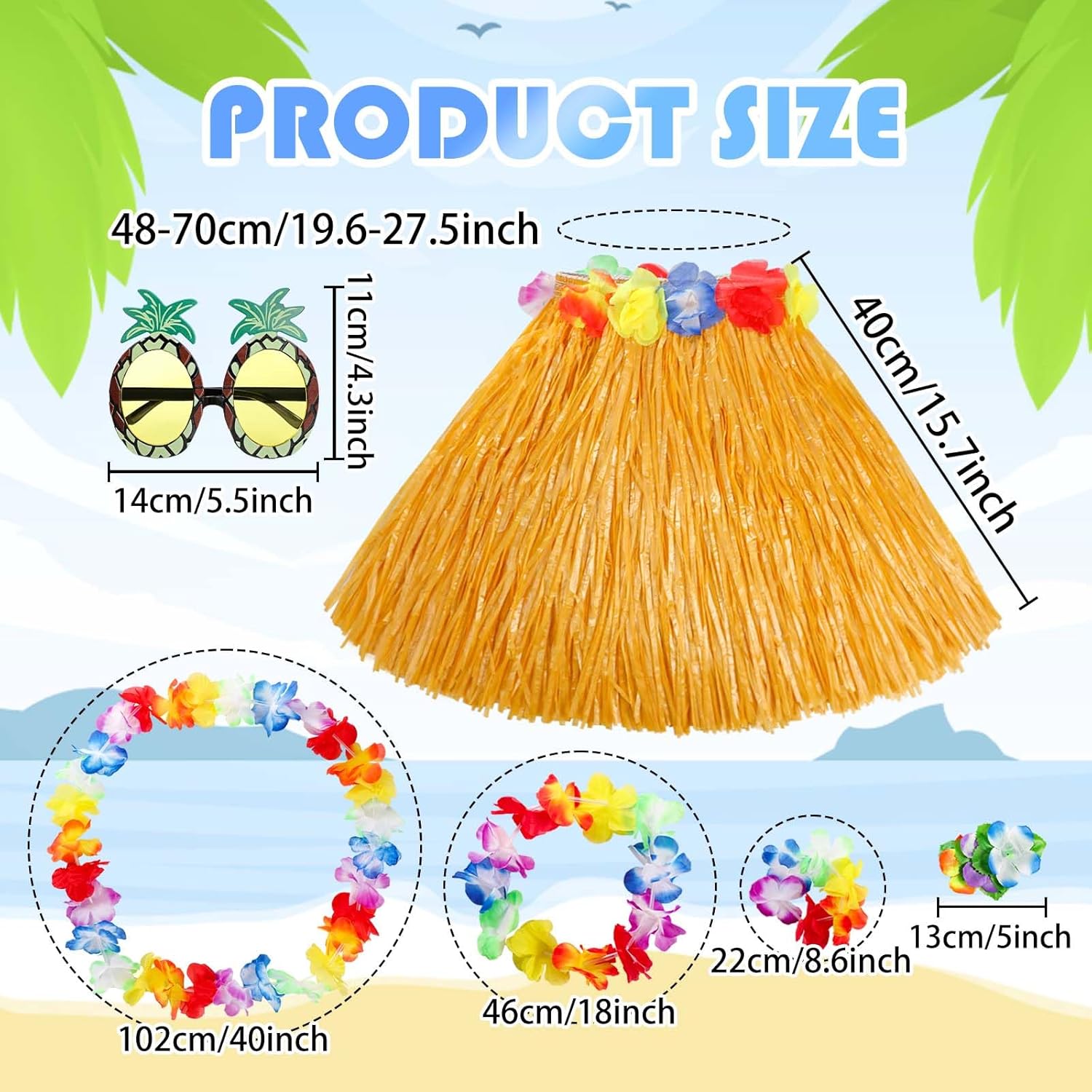 PHOGARY Double-Layer Hawaiian Hula Skirt - 40 CM Grass Skirt for Women, Luau Party Costume with Lei Flower Necklace, Pineapple Outfit Accessories - Image 2
