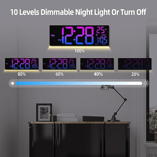 Miniatura 5 de Reloj de pared digital de 8 colores, reloj digital grande de 16.2 pulgadas con temperatura, fecha, DST automático, luz nocturna, atenuador de brillo