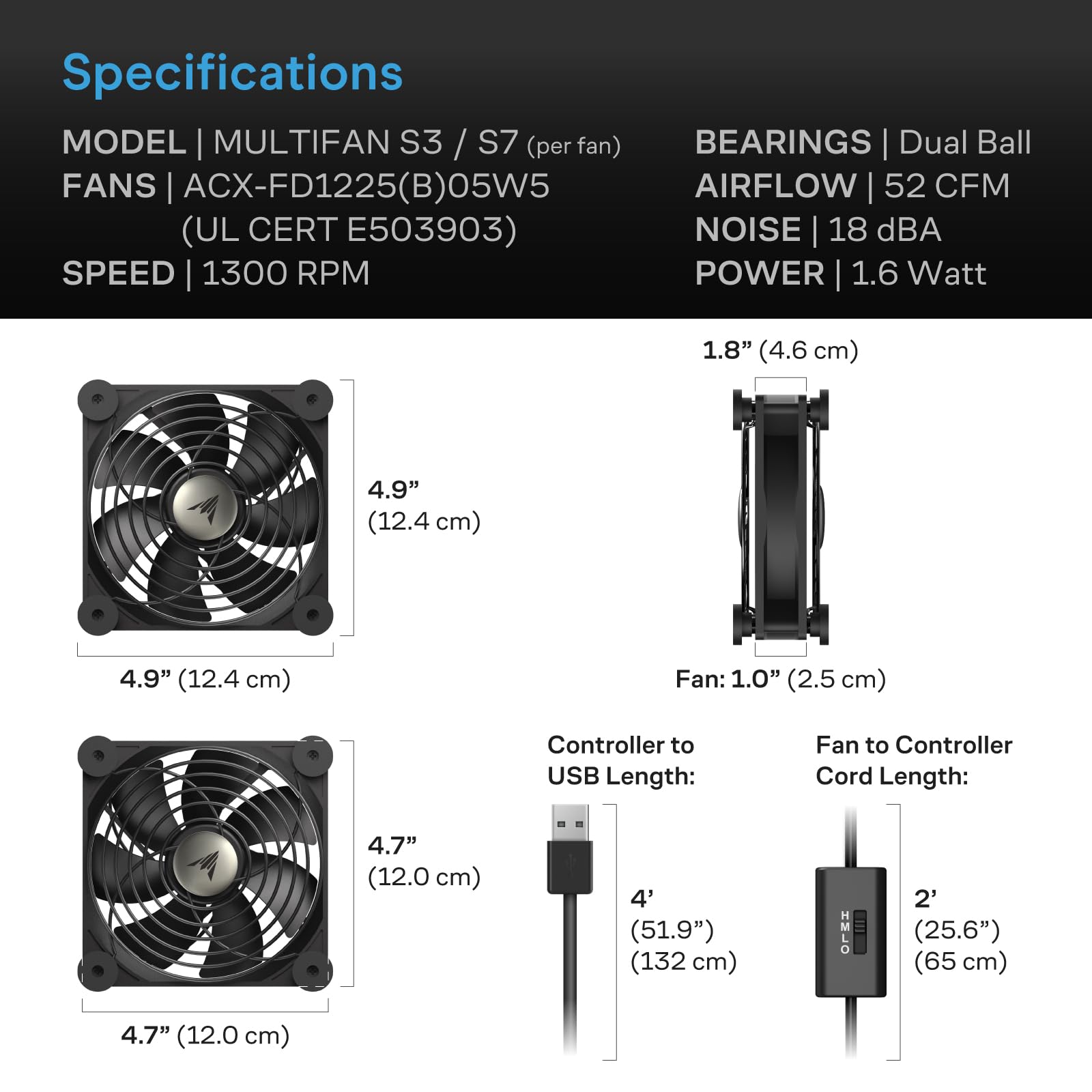 AC Infinity multifan S7, double silencieux 120 mm ventilateur USB pour récepteur DVR Playstation Xbox Armoire Ordinateur de refroidissement