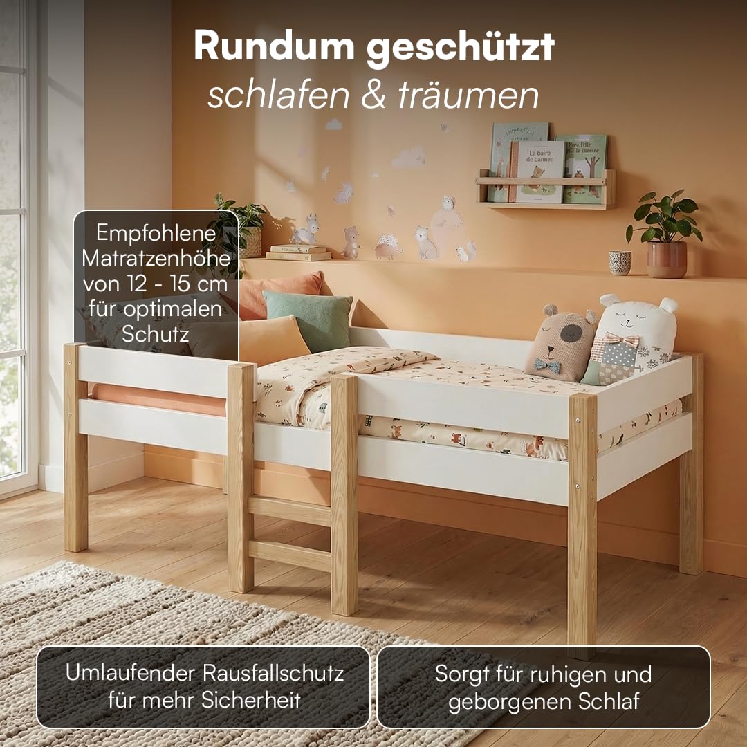 Bellabino Aspy Kinderbett 90x200 cm – Hochbett mit Rausfallschutz & Lattenrost – Halbhochbett mit Leiter aus Kiefer Massivholz in Weiß/Natur – Jugendbett für Jungen und Mädchen