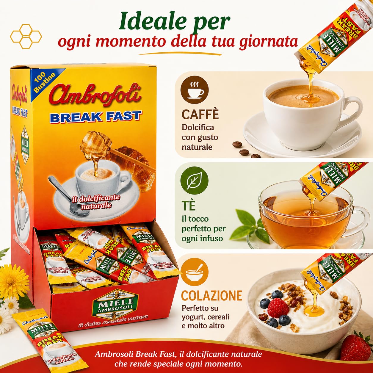 Ambrosoli Break Fast Miele in Bustine Monodose 100 x 16g (1,6 kg) – Dolcificante Naturale per Caffè, Tè e Colazione – Formato Espositore