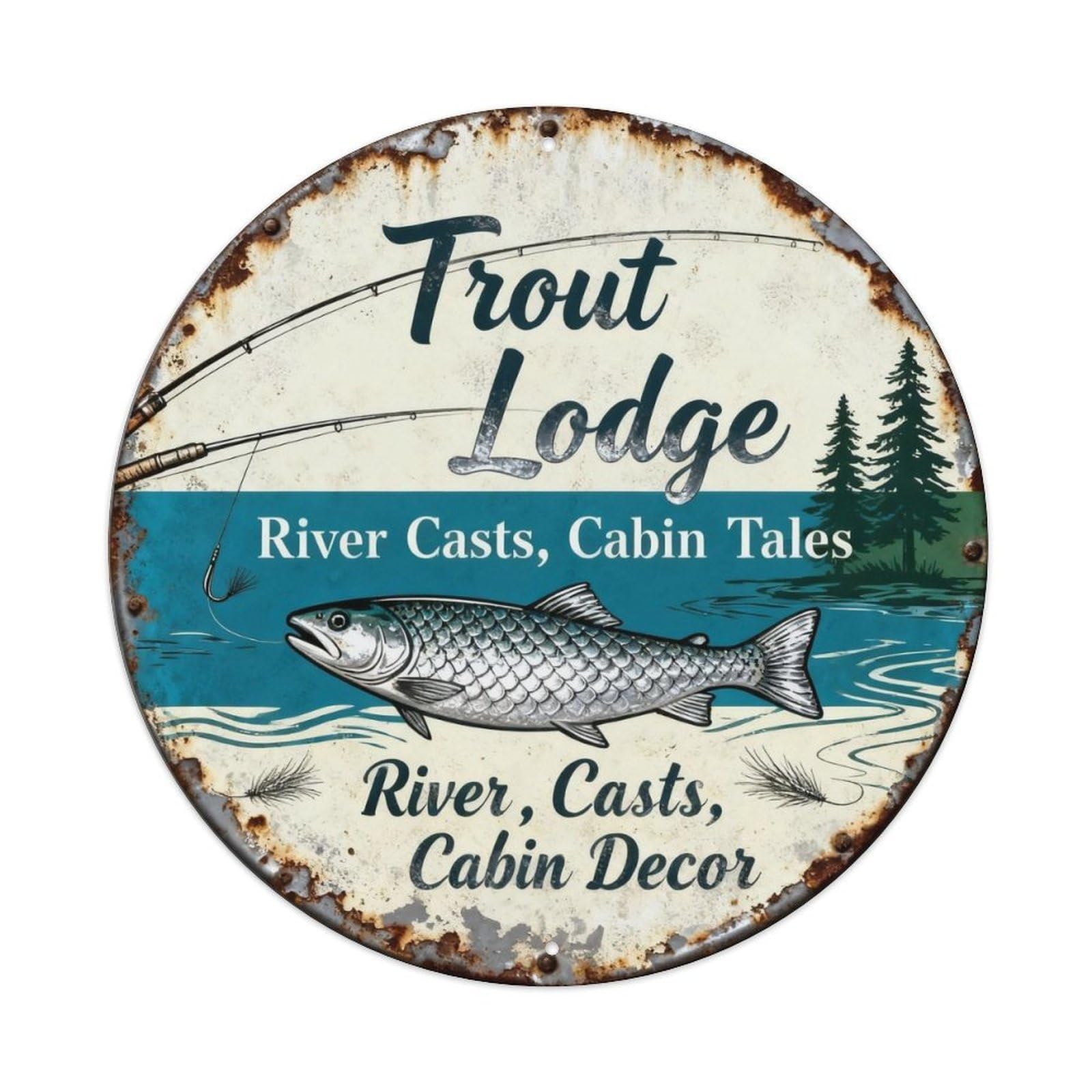 Trout Fishing River Lodge Decor Metal Tin Sign Plaque