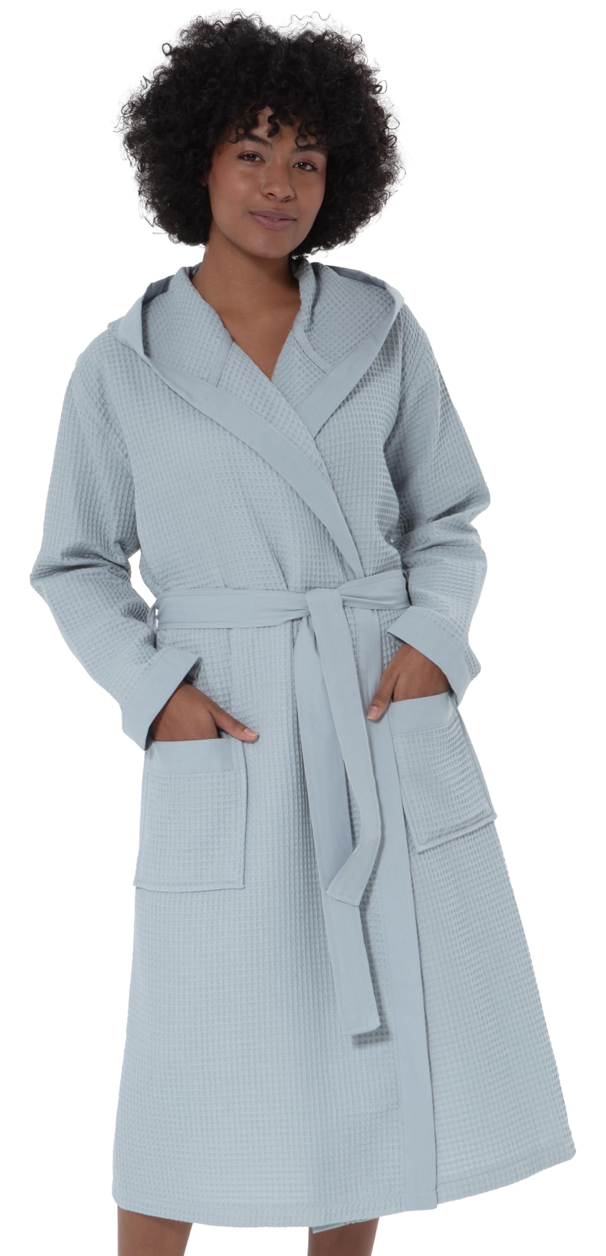 SEYANTE Women's Organic Cotton Waffle Kimono, Hooded Robe – GOTS Certified Lightweight Full-Length Spa Bathrobe with Piping