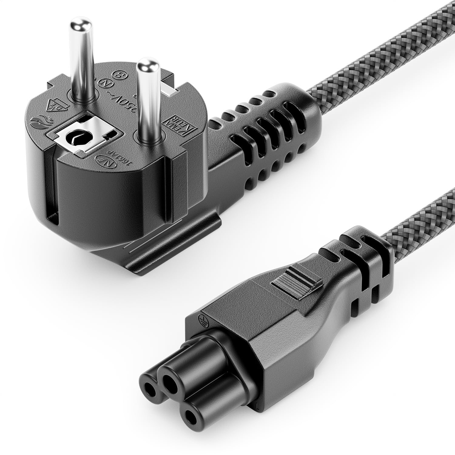 deleyCON 2m Kabel Zasilający - Typ F na C5 („Koniczynka”) - Nylonowy - Wtyk ze Stykiem Ochronnym Pod Kątem 90° - 2,5A - do Laptopów, Notebooków, Zasilaczy, TV, Monitorów - Szary
