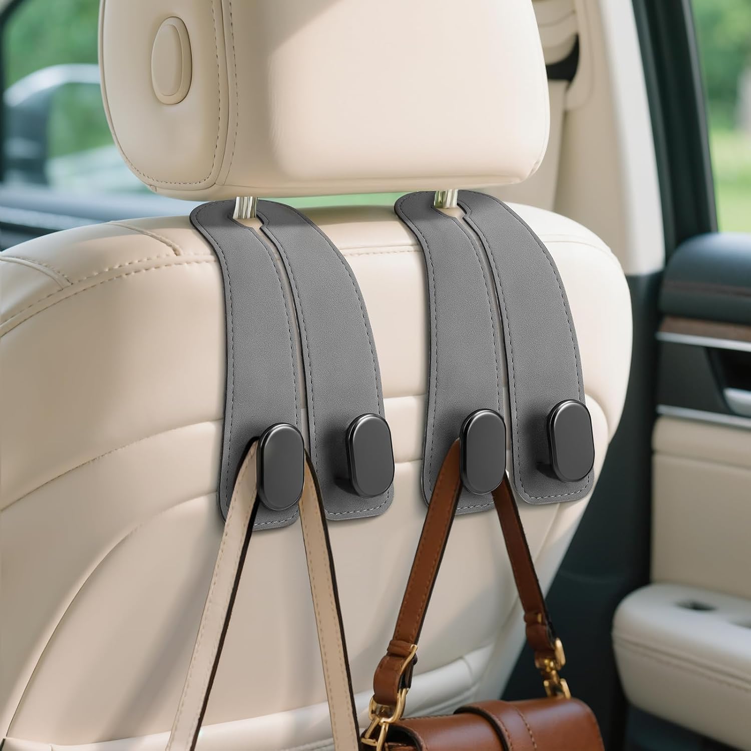 NEUVILLETTE Car Seat Headrest Hooks Pack of 2, Leather-Look Double Hook Hanger for Bags, Purses, Handbags, Grocery Bags and Back Seat Car Organization Accessories-image-33