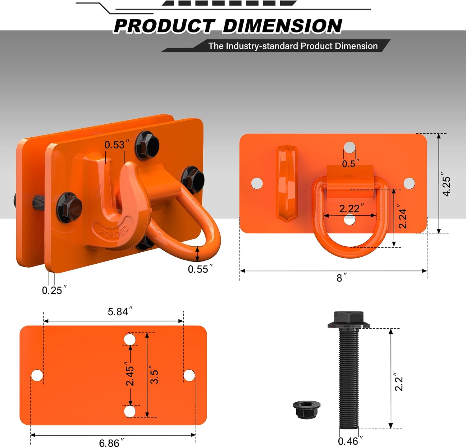 2 Pack Tractor Bucket Hooks with Tie Down Ring, Grade 70 Forged Steel Bolt On Grab Hook Tow Hook Mount with Backer Plate, Work Well for Tractor Bucket, RV, UTV, Truck, Max 15,000 lbs Orange