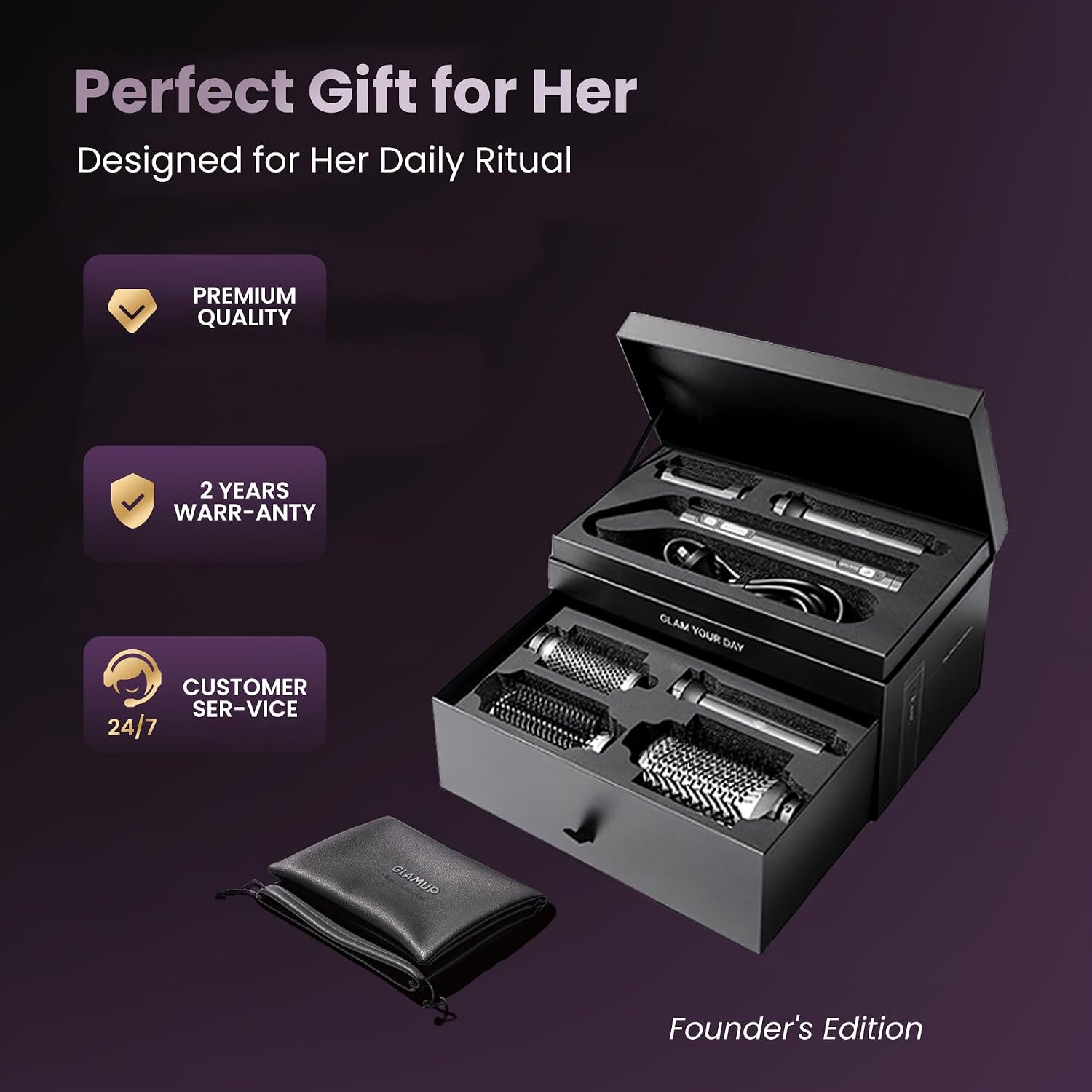 GLAMUP FusionPro 6-in-1 Hot Air Styler & Thermal Brush, 2X Coanda Wrap Curler with 1.25" Barrel for Better Suction & Long-Lasting Curls, Dual-Power Fast Shiny Straightening, Sleek Black Set