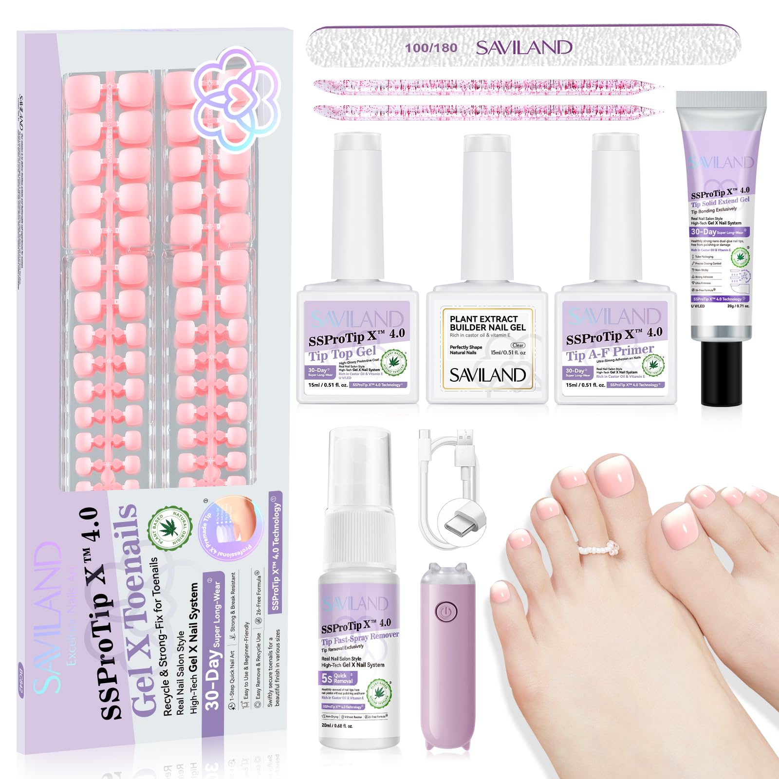 SAVILAND SSPro X Press On - Juego de 216 uñas de los pies Ombre Press On Uñas de los pies Ajuste estable Press On Uñas de los pies más gruesas Uñas pegamento de uñas gel U V lámpara para extensiones