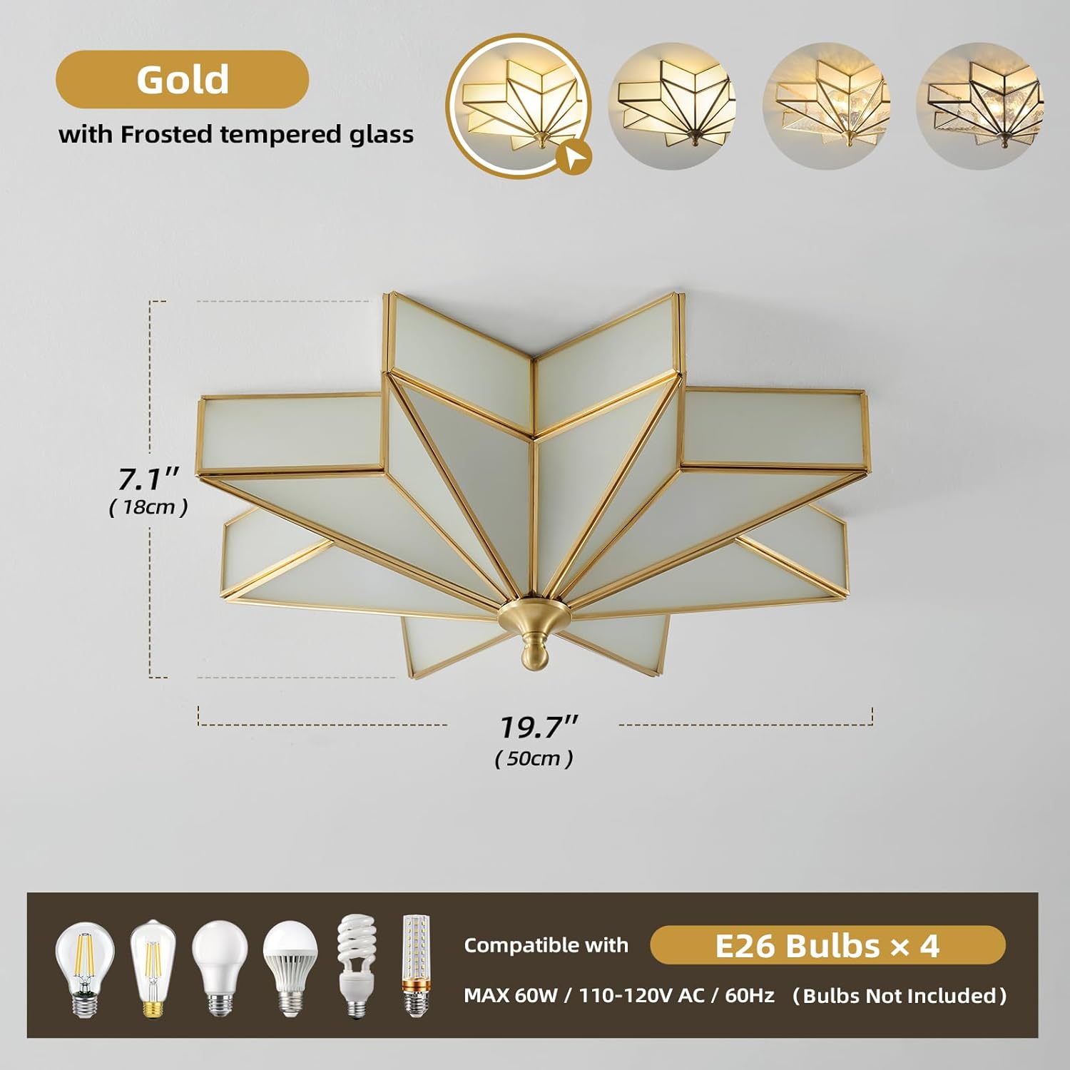 Star Brass Vintage Ceiling Light - 19.7 in Large Milk Glass Antique Brushed Gold Flush Mount Fixture, Mid Century Art Deco Overhead Lighting for Kitchen Hallway Bedroom Bathroom Laundry Entryway Hall