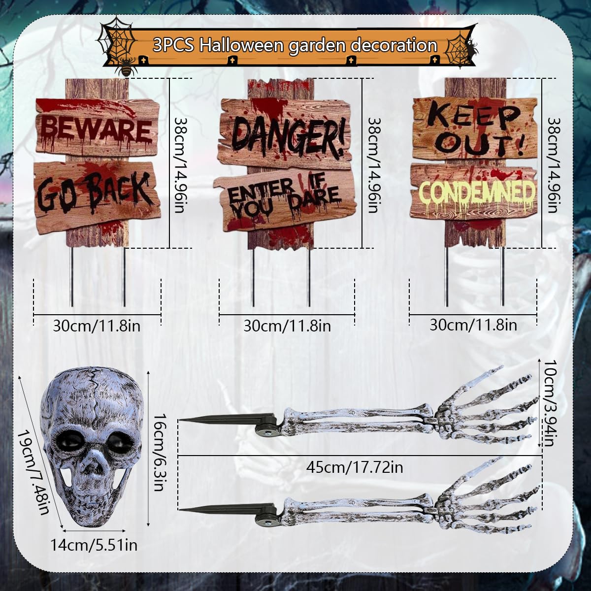 Fałszywa czaszka i zestaw rąk, znak niebezpieczeństwa Halloween, Halloween dekoracja szkieletu 6 sztuk do dekoracji na Halloween dekoracje ogrodowe dekoracje cmentarskie
