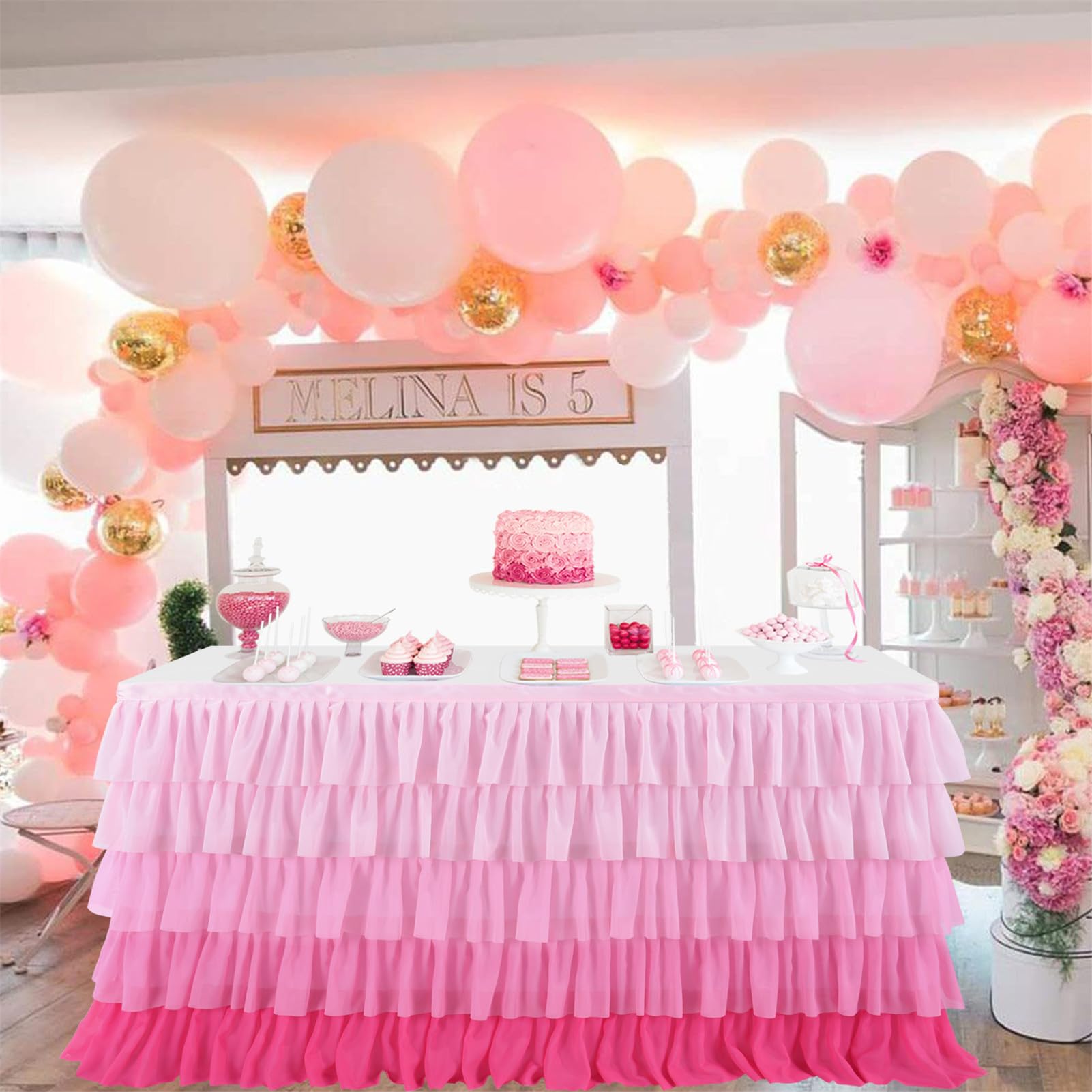 Spódnica stołowa, spódniczka tutu na prostokątne okrągłe stoły, szyfonowy obrus, baby shower, przyjęcie urodzinowe, dom, gradientowy tort, deser, dekoracja stołu (różowy, 427 x 77 cm)