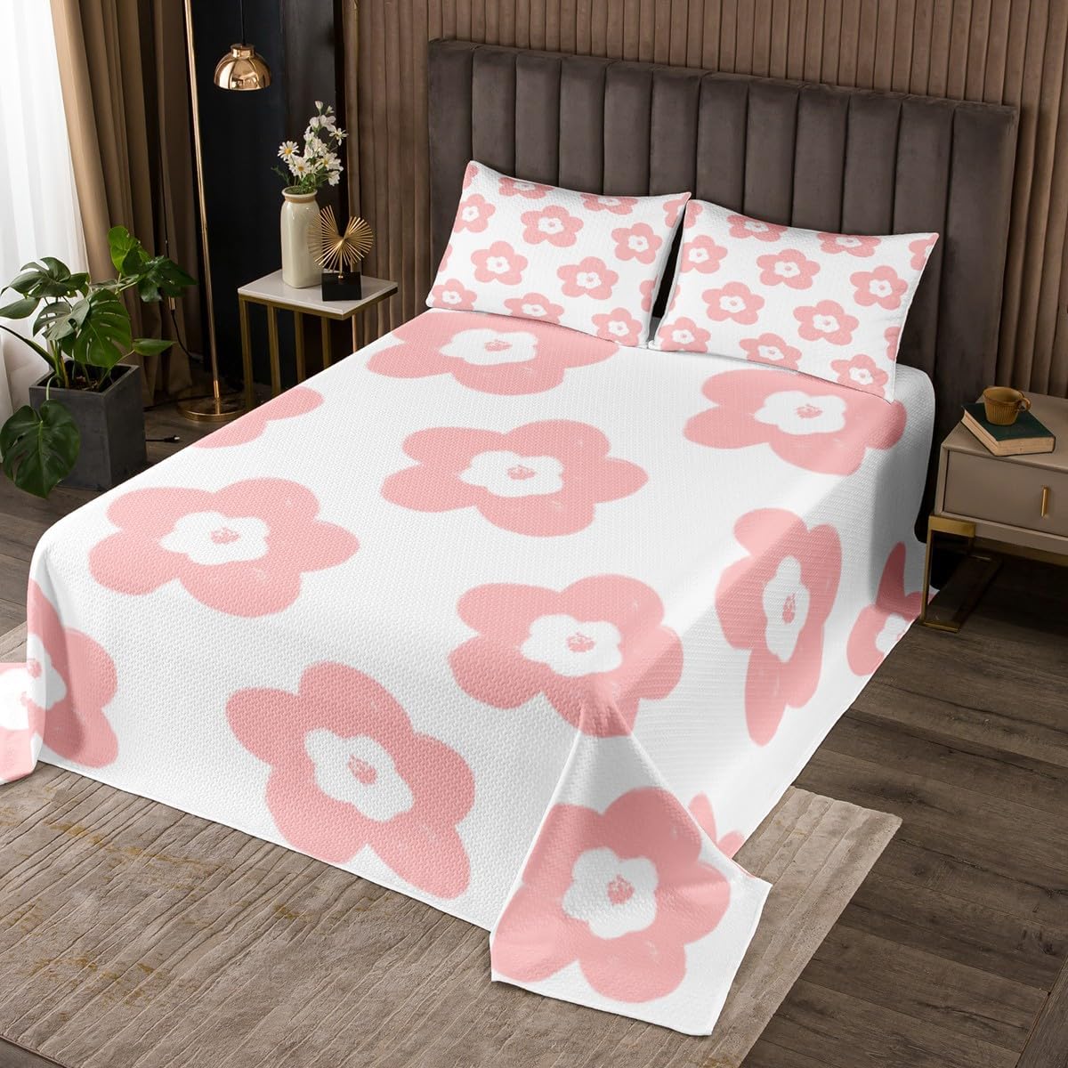 Manfei Pink Floral Coverlet Set Chic Daisy Flower Quilted Coverlet 3D Sunflower Pink White Comforter Set Bedspreads Quilt Set for Children Kids Coverlet Set,Twin Size 2 Pcs