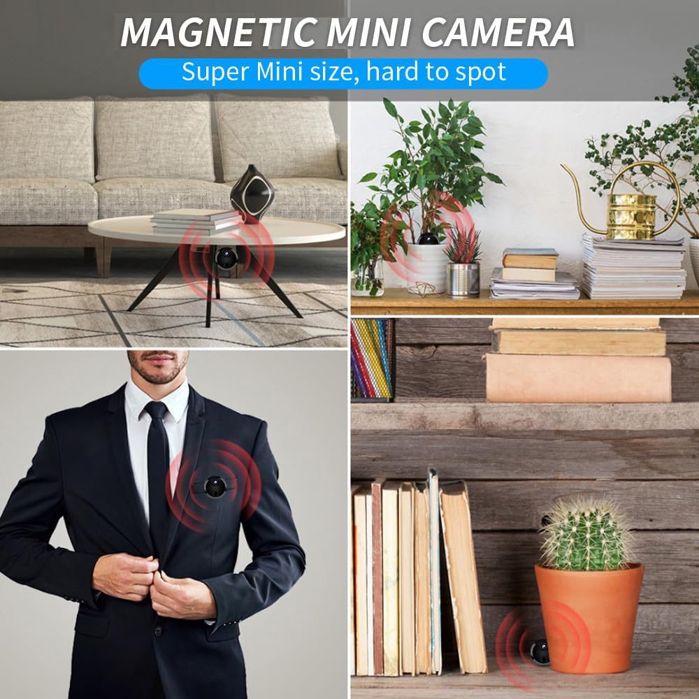 Andoer Mini Camera in various discreet placements, highlighting its magnetic and mini size.