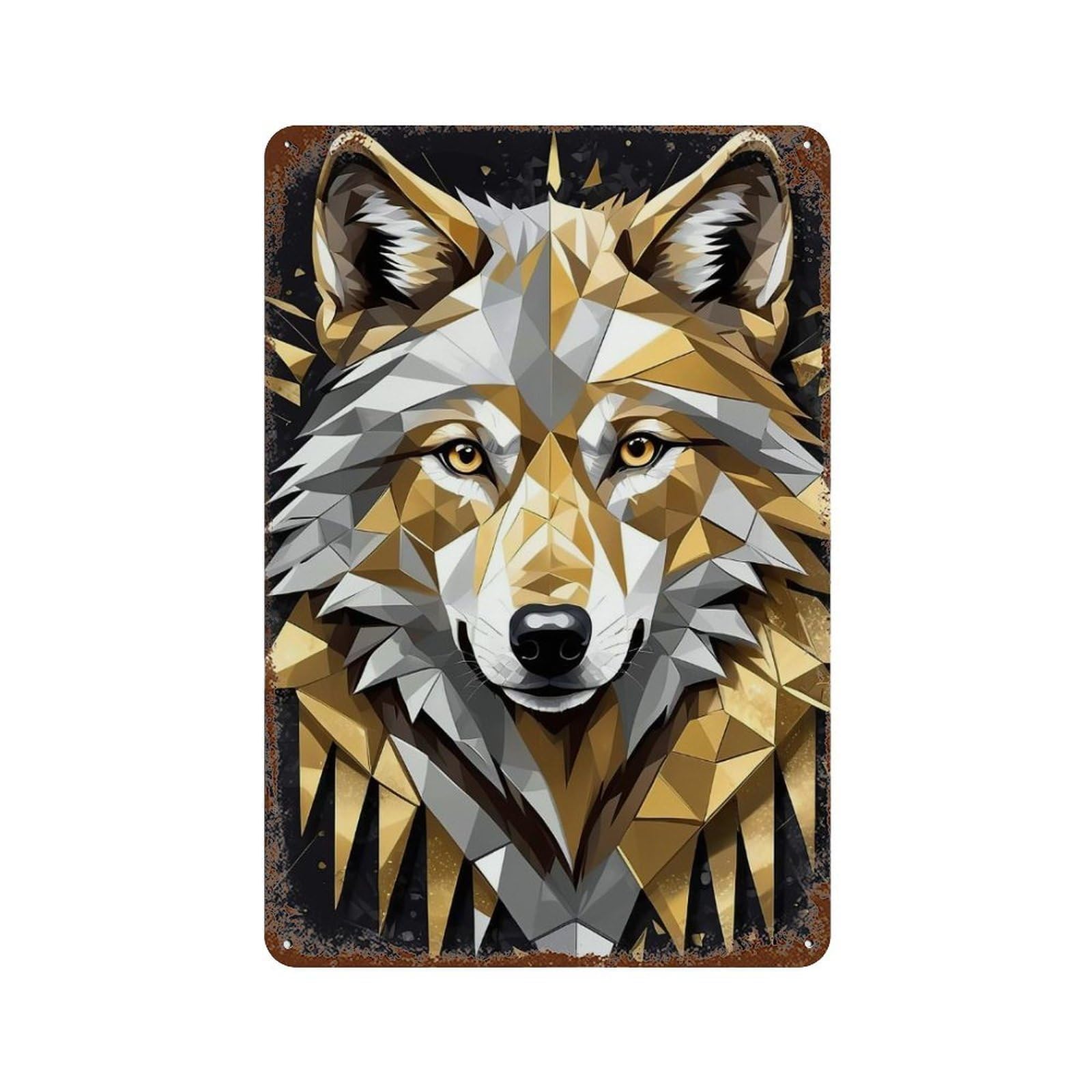Golden Wolf Portrait 11.8"x7.9" Weathered Tin Sign, Shabby Chic Decor for Cafe, Home Bar And Lounge Decor