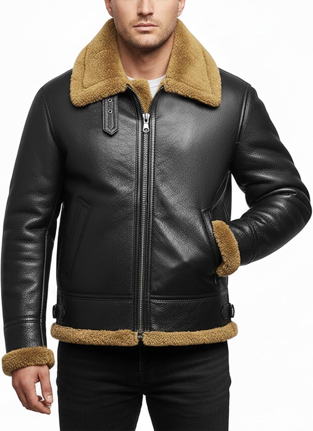Men's RAF B3 Aviator Sheepskin Leather Jacket with Fur Collar & Adjustable Waist Belt – Mens Bomber Jacket - Image 3