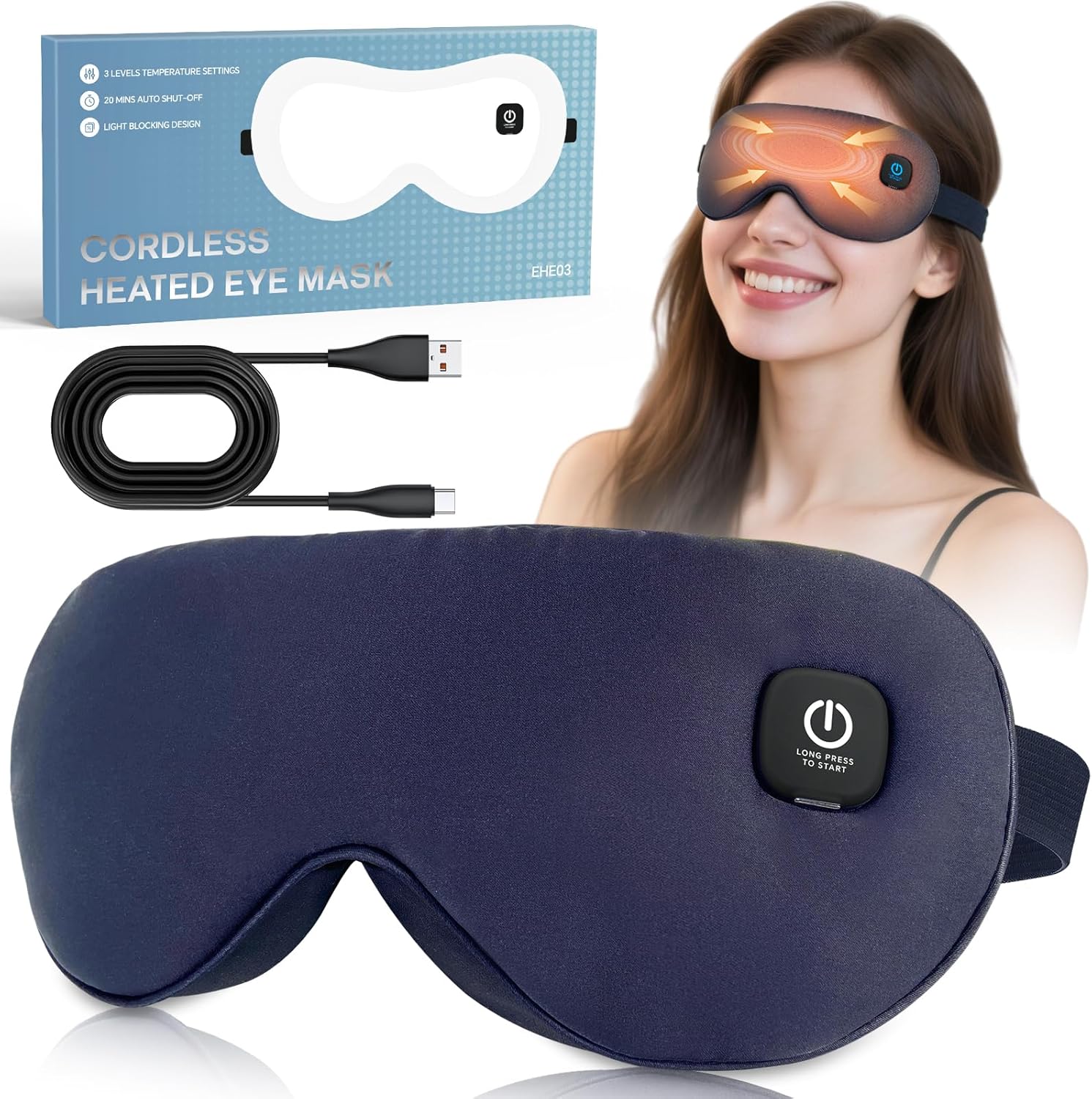 Cordless Heated Eye Mask for Dry Eyes Relief, with 3 Heat Settings, Washable Eye Cover, Warm Heating Pad for Stye Eye Treatment & Travel Use