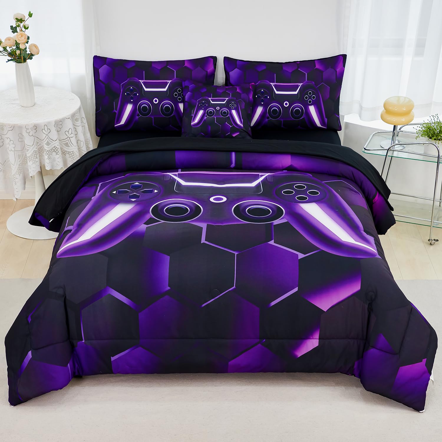 URBONUR 6 Pieces Twin Bed Set for Boys Girls E-Sports Themed 3D Game Consoled Pattern Bedding Comforter Set with Sheets for Kids Room Decor, Purple