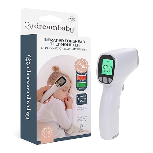 Dreambaby Termómetro infrarrojo para bebé sin contacto para la frente, pantalla digital, alerta de fiebre, almacena memoria 20 lecturas, incluye